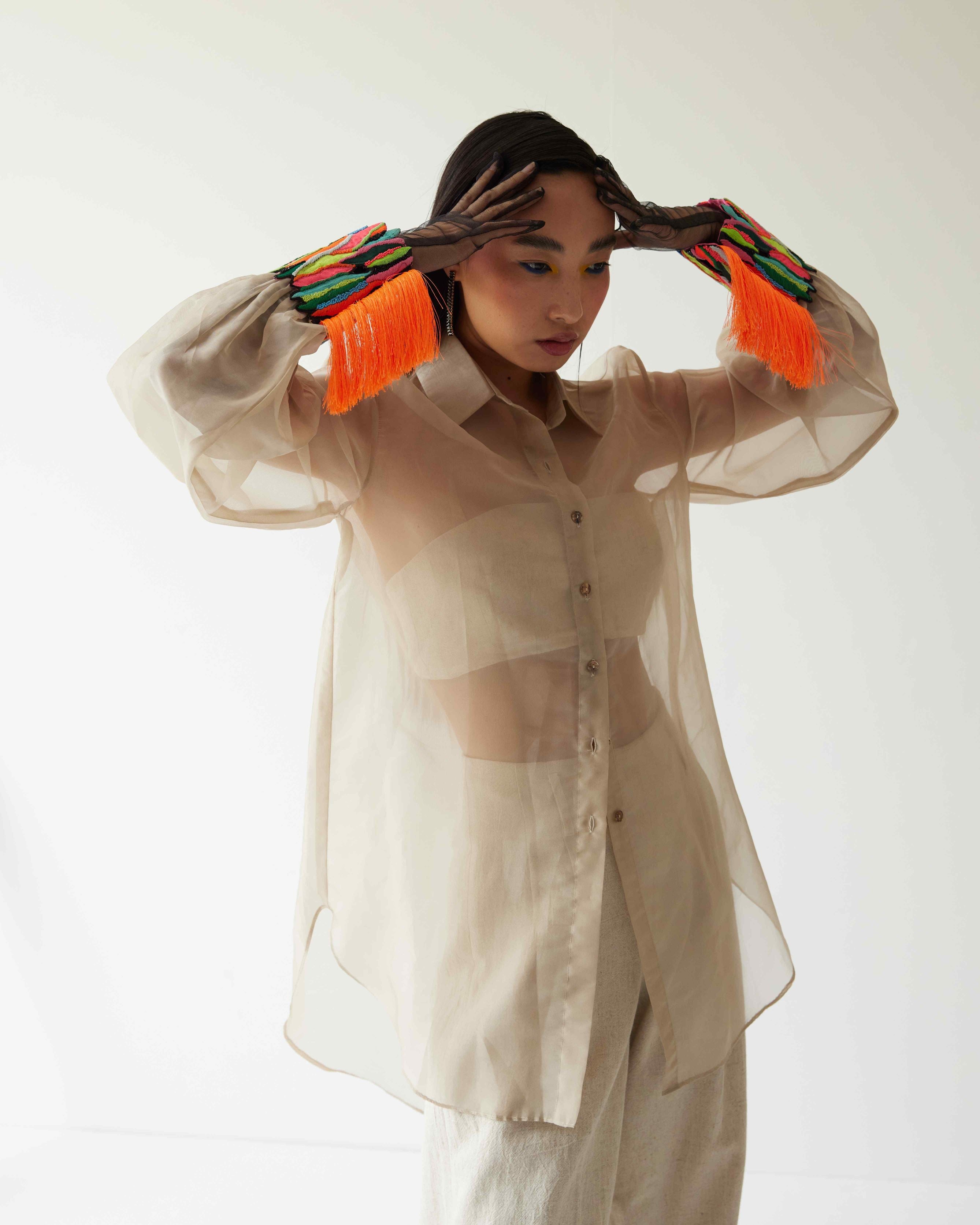 ORGANZA SHIRT WITH PAINT STAIN CUFFS