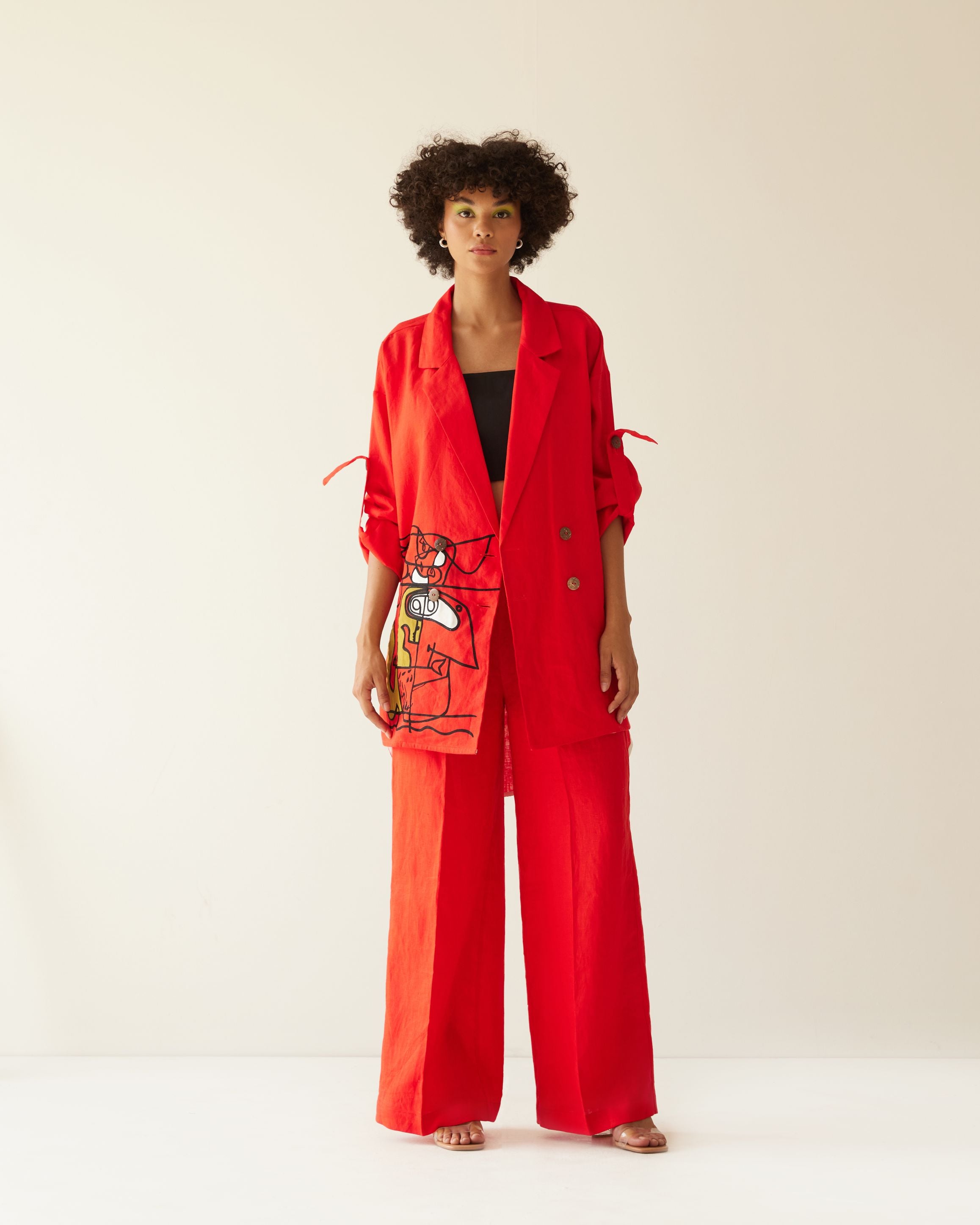 RED LINEN FACE OVERSIZED CO-ORD SET