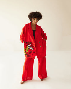 RED LINEN FACE OVERSIZED CO-ORD SET