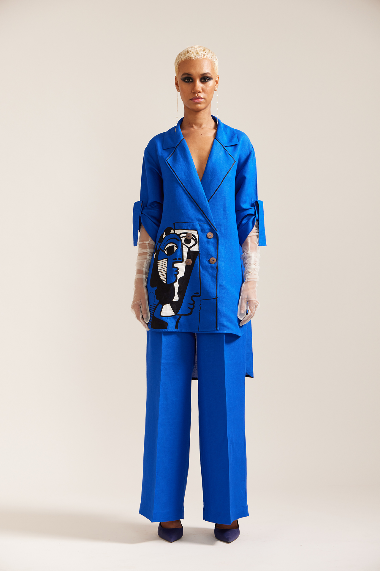 Royal Blue Picasso Face Linen Shirt Fit Co-ord