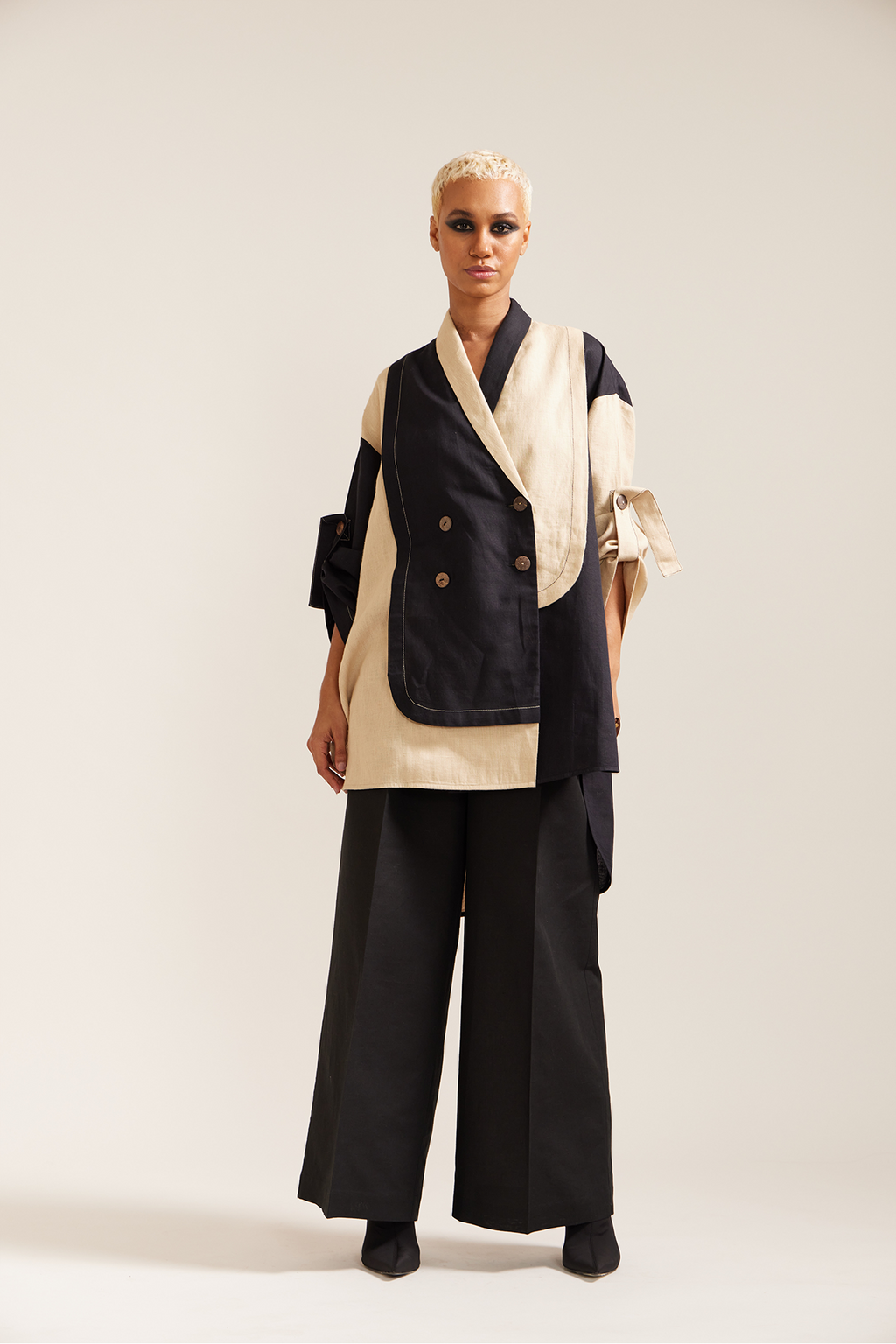 Beige Black Oversized Jacket Co-ord