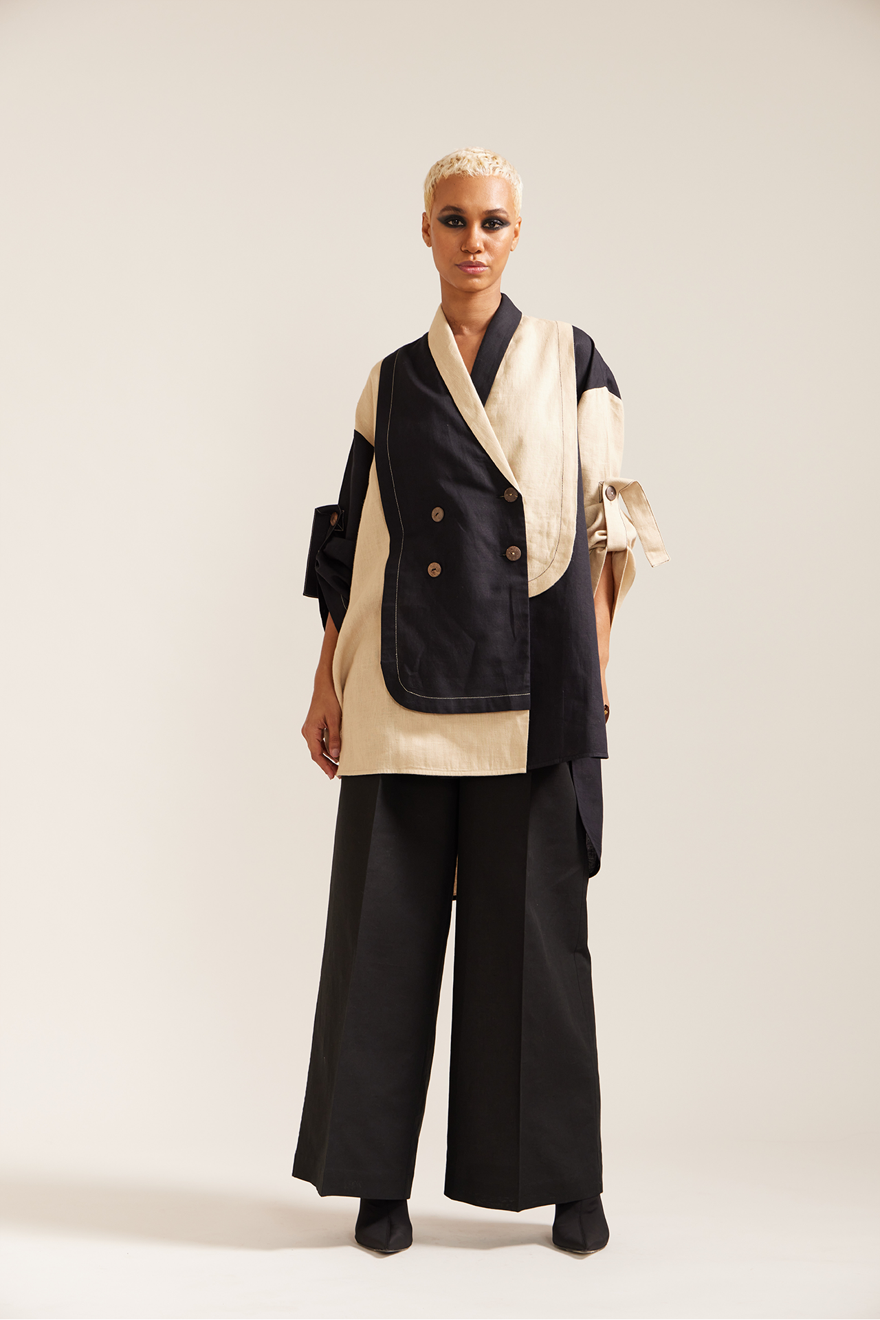 Beige Black Oversized Jacket Co-ord