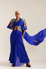 Load image into Gallery viewer, Blue Paint Stain Cape Style Saree Drape Co-ord
