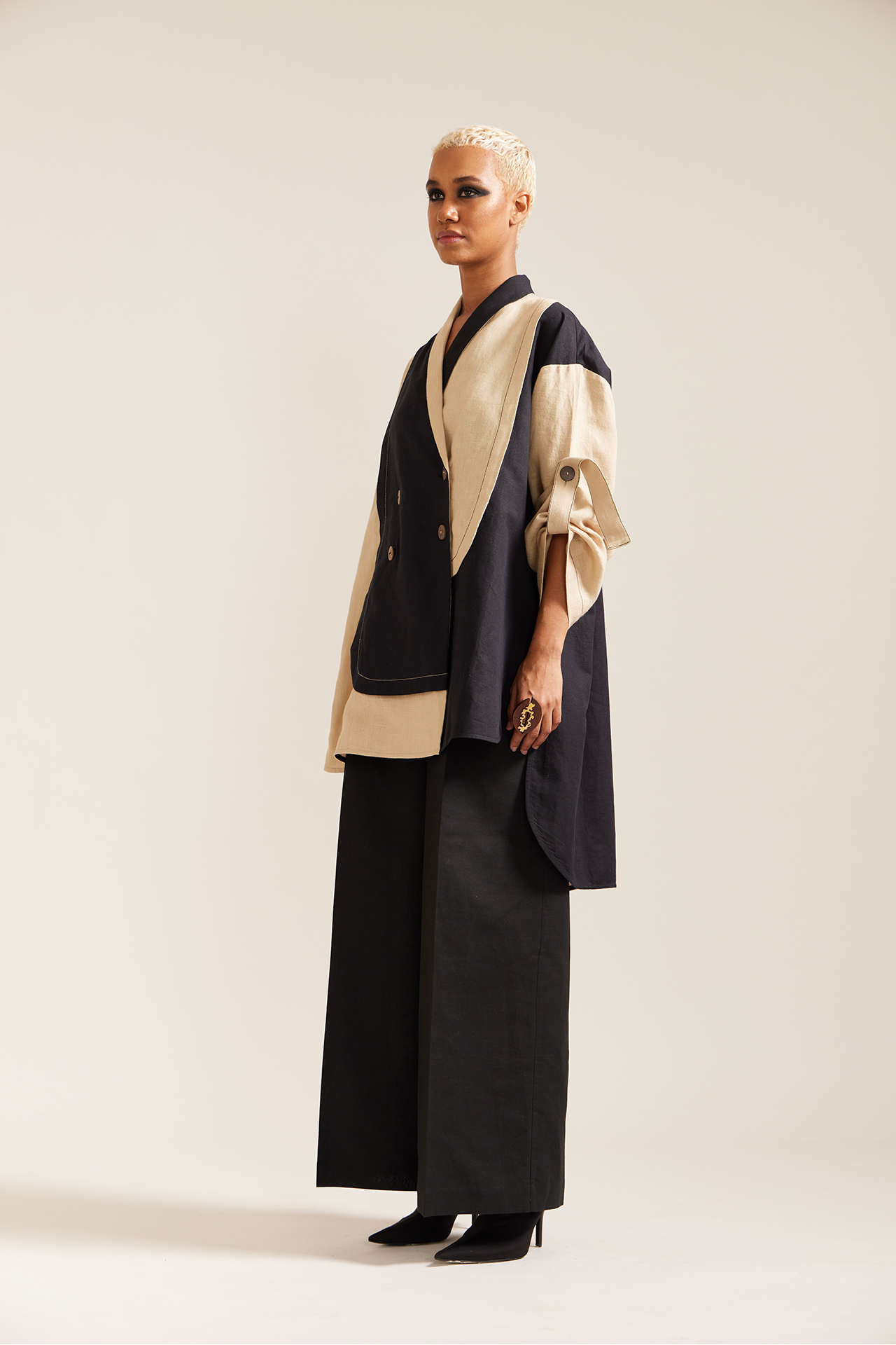 Beige Black Oversized Jacket Co-ord