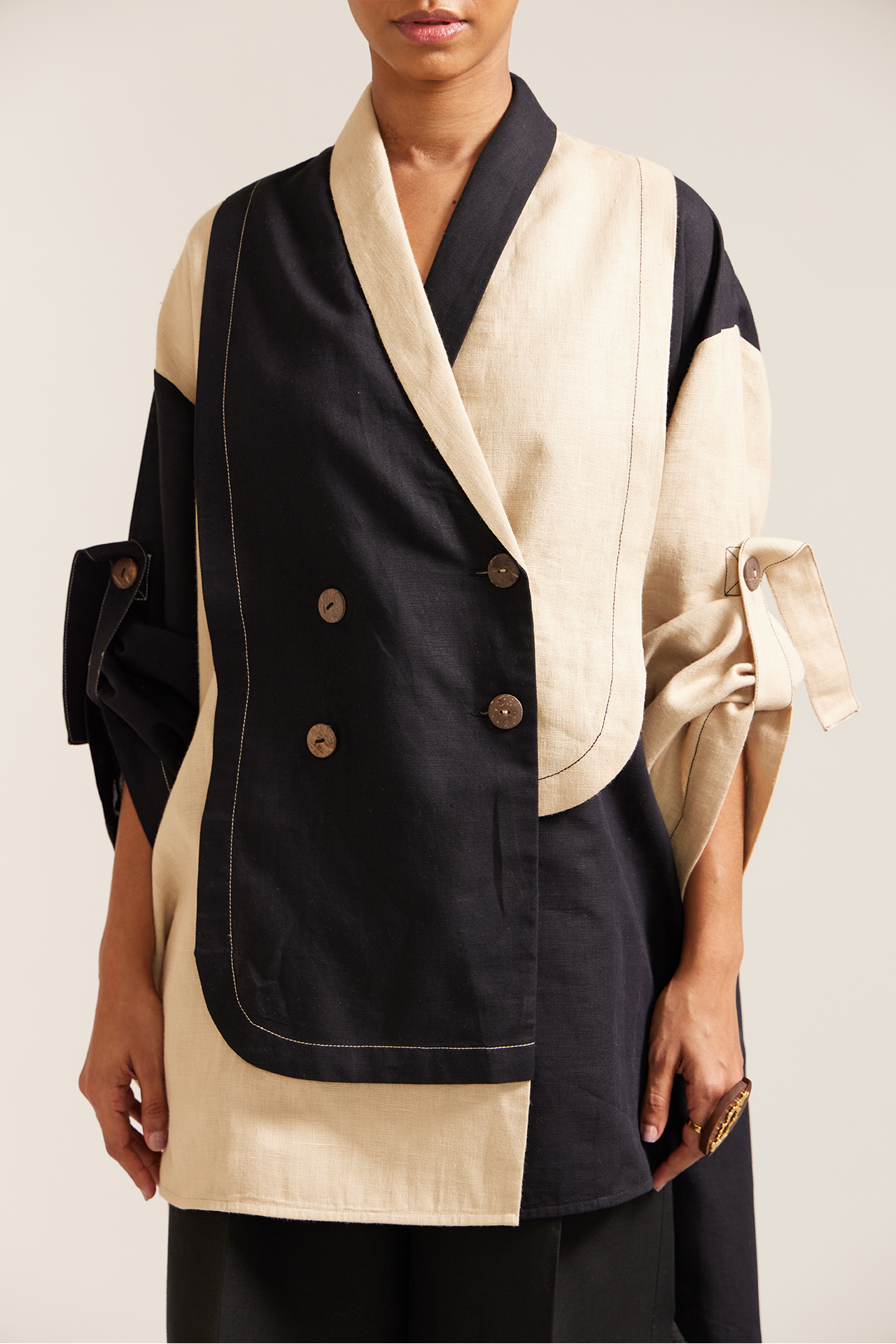 Beige Black Oversized Jacket Co-ord