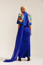 Load image into Gallery viewer, Blue Paint Stain Cape Style Saree Drape Co-ord
