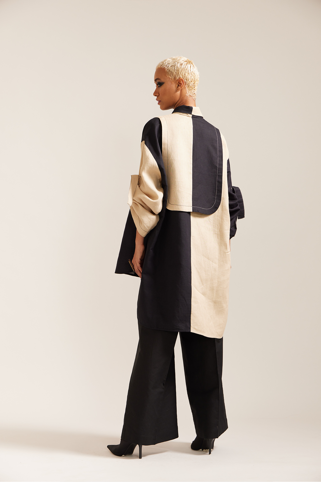 Beige Black Oversized Jacket Co-ord