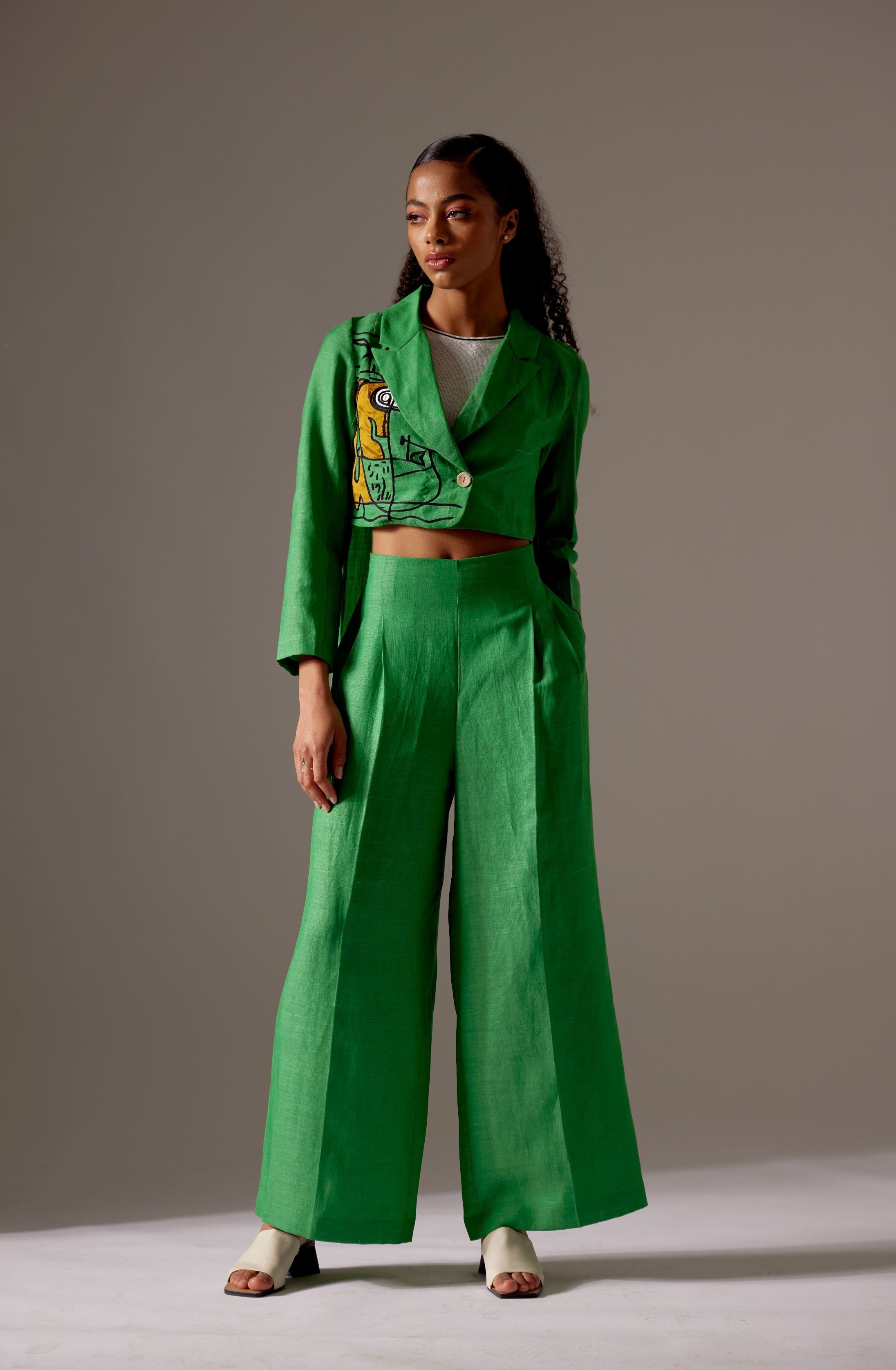 Green Linen High Low Face Jacket Co-ord