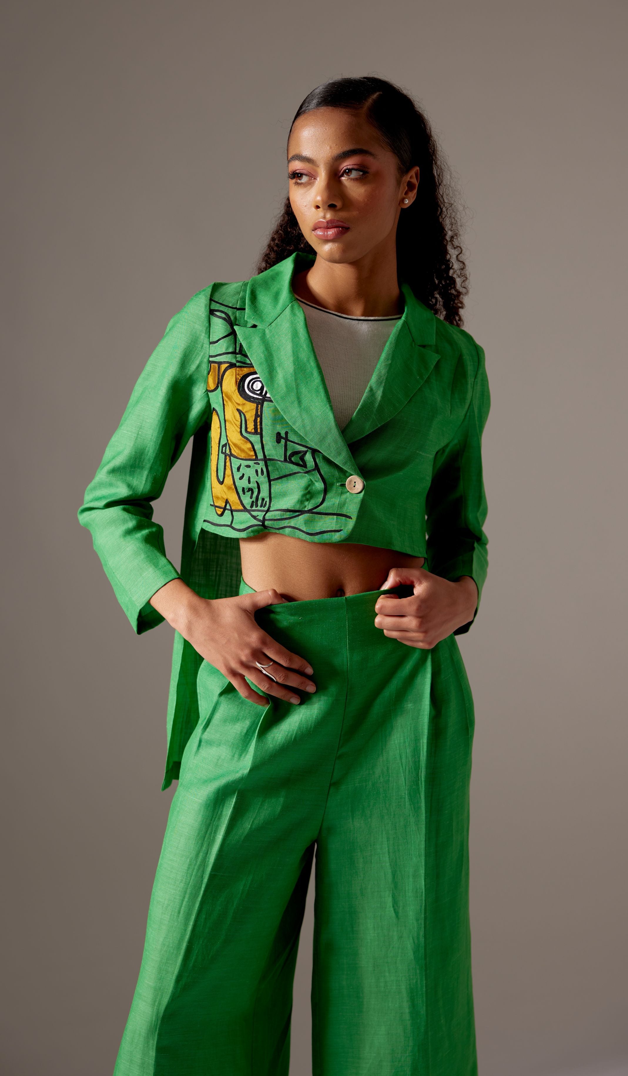 Green Linen High Low Face Jacket Co-ord