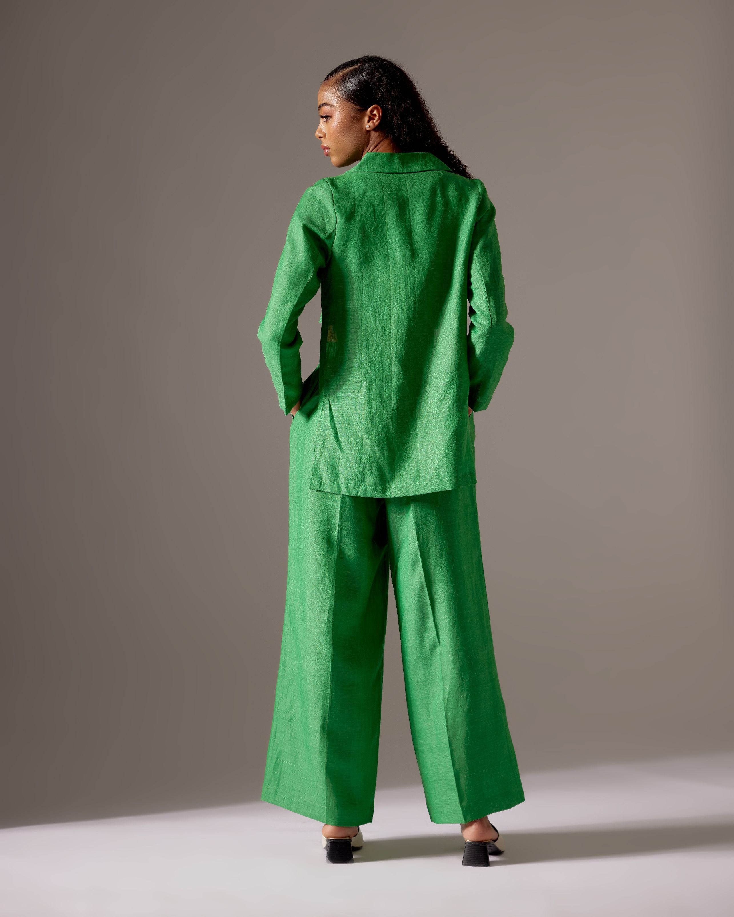 Green Linen High Low Face Jacket Co-ord