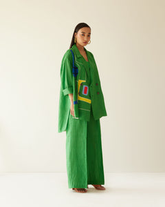 GREEN LINEN LINES OVERSIZED CO-ORD SET