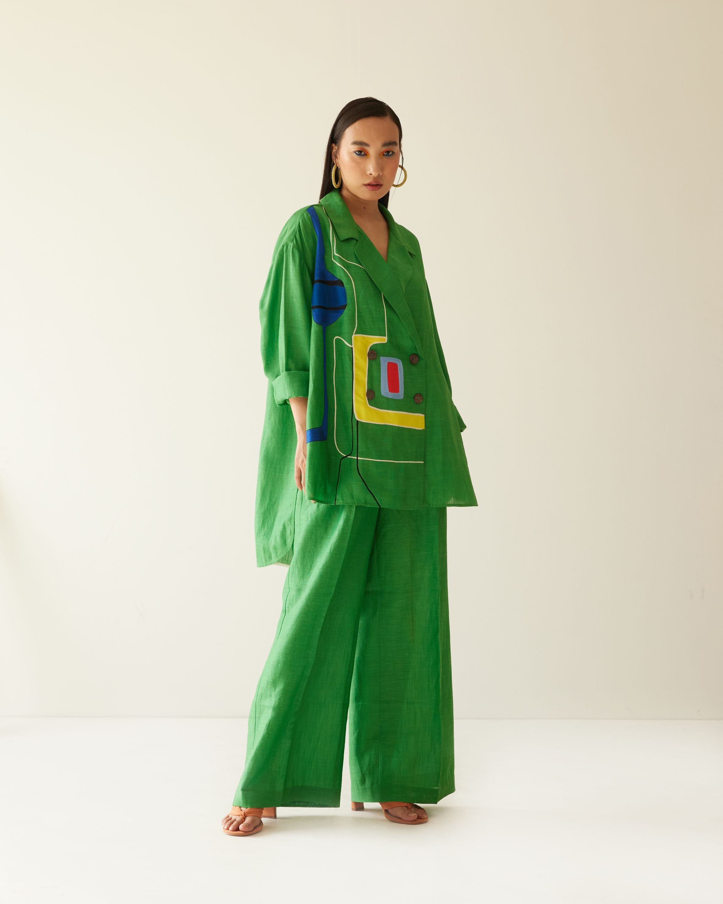 GREEN LINEN LINES OVERSIZED CO-ORD SET