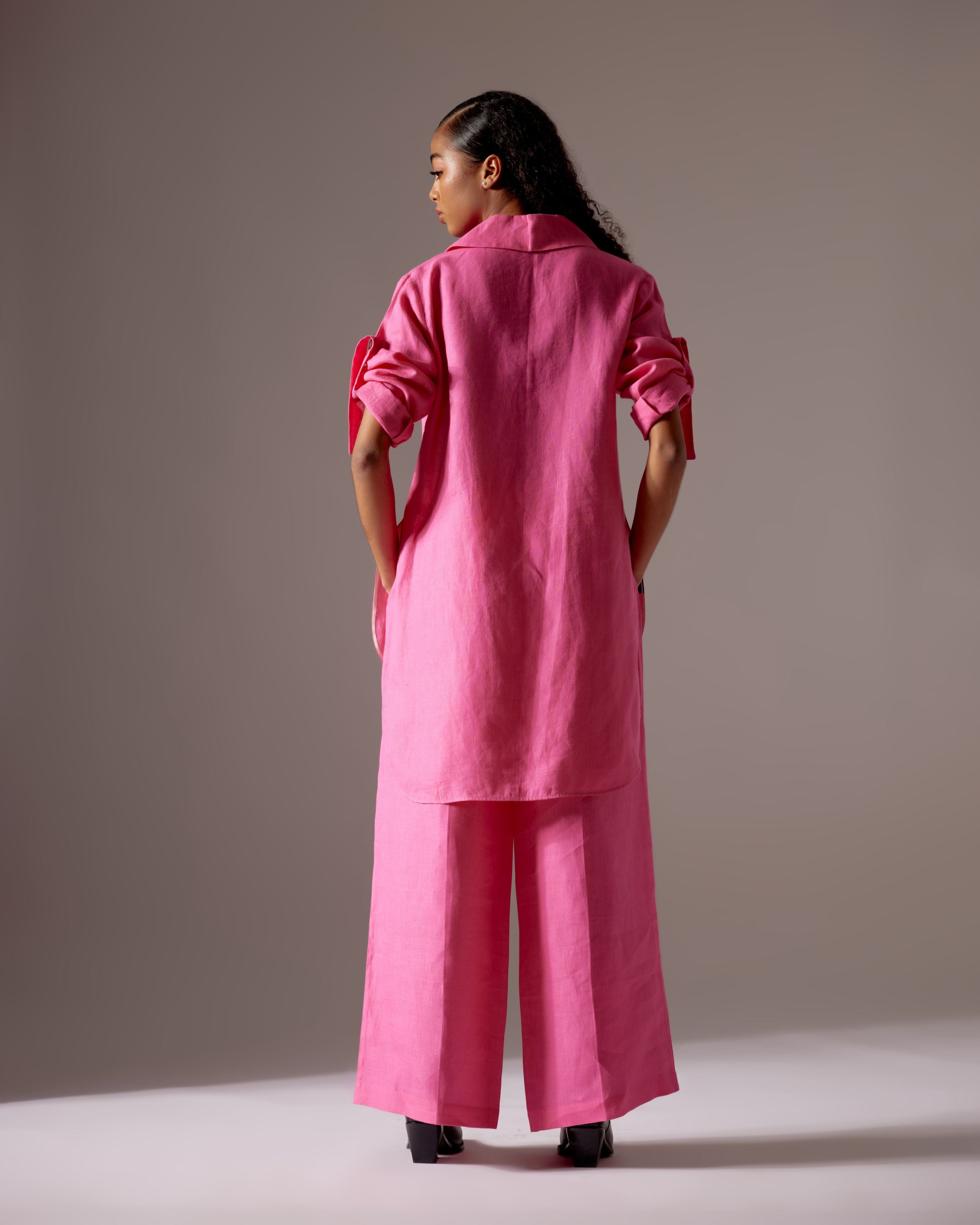 PINK LINEN LINES SHIRT FIT JACKET CO-ORD