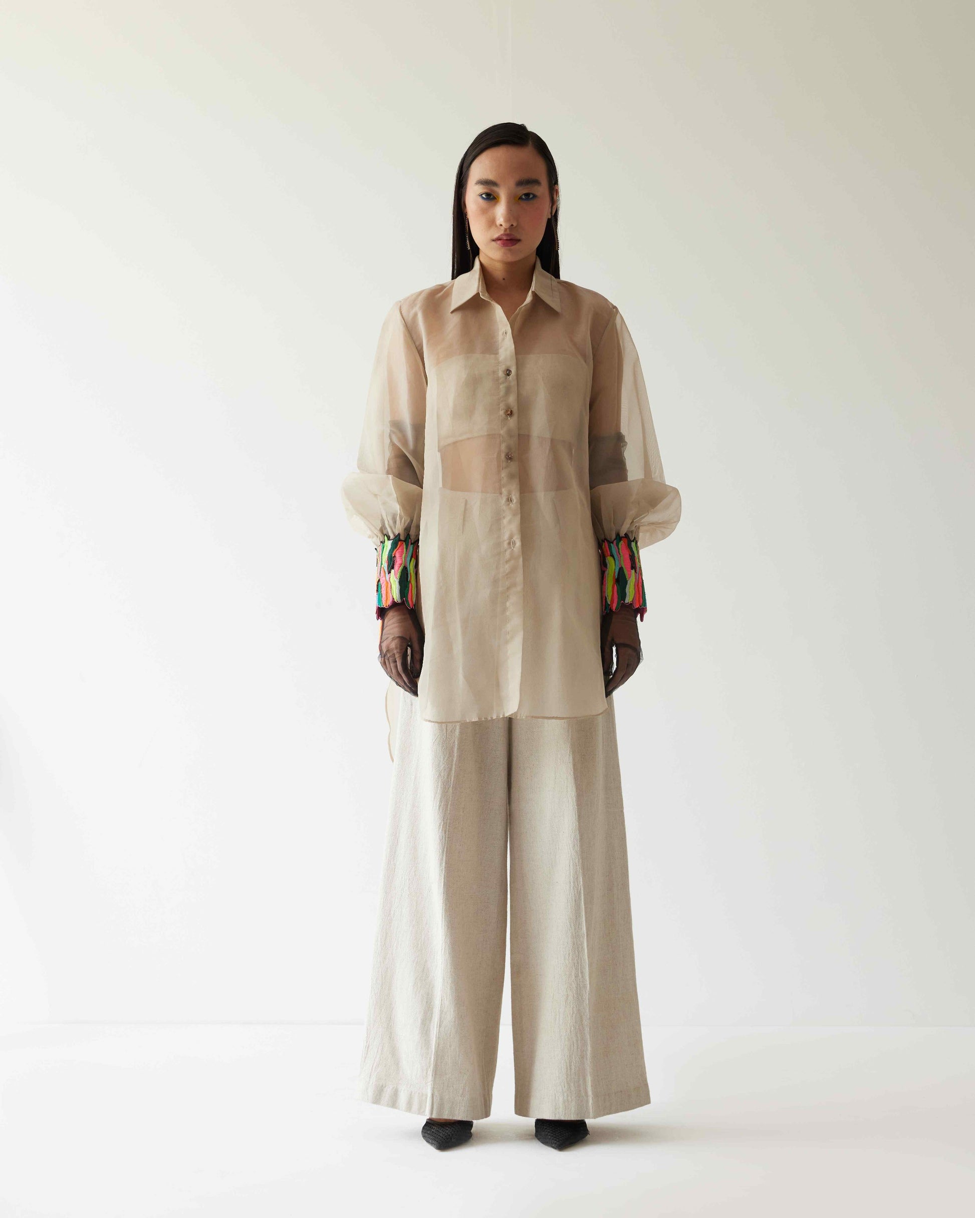ORGANZA SHIRT WITH PAINT STAIN CUFFS