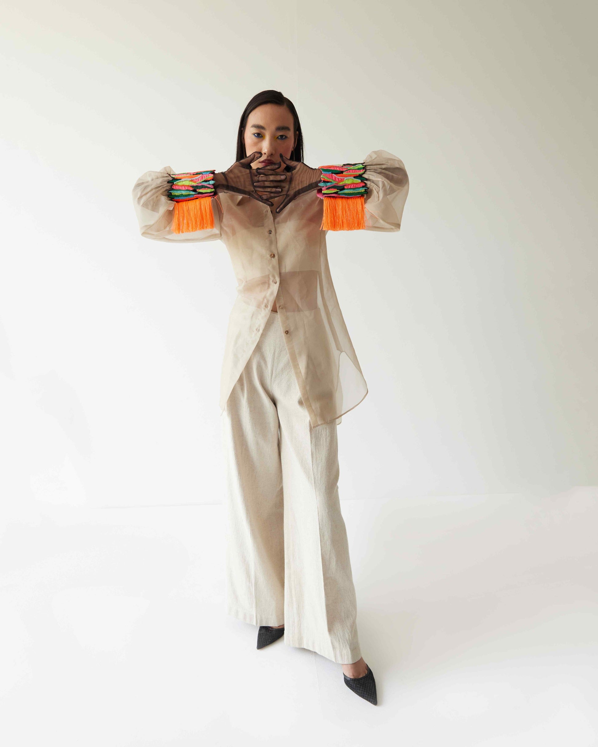 ORGANZA SHIRT WITH PAINT STAIN CUFFS