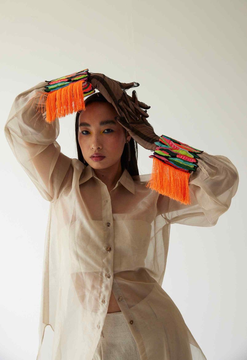 ORGANZA SHIRT WITH PAINT STAIN CUFFS