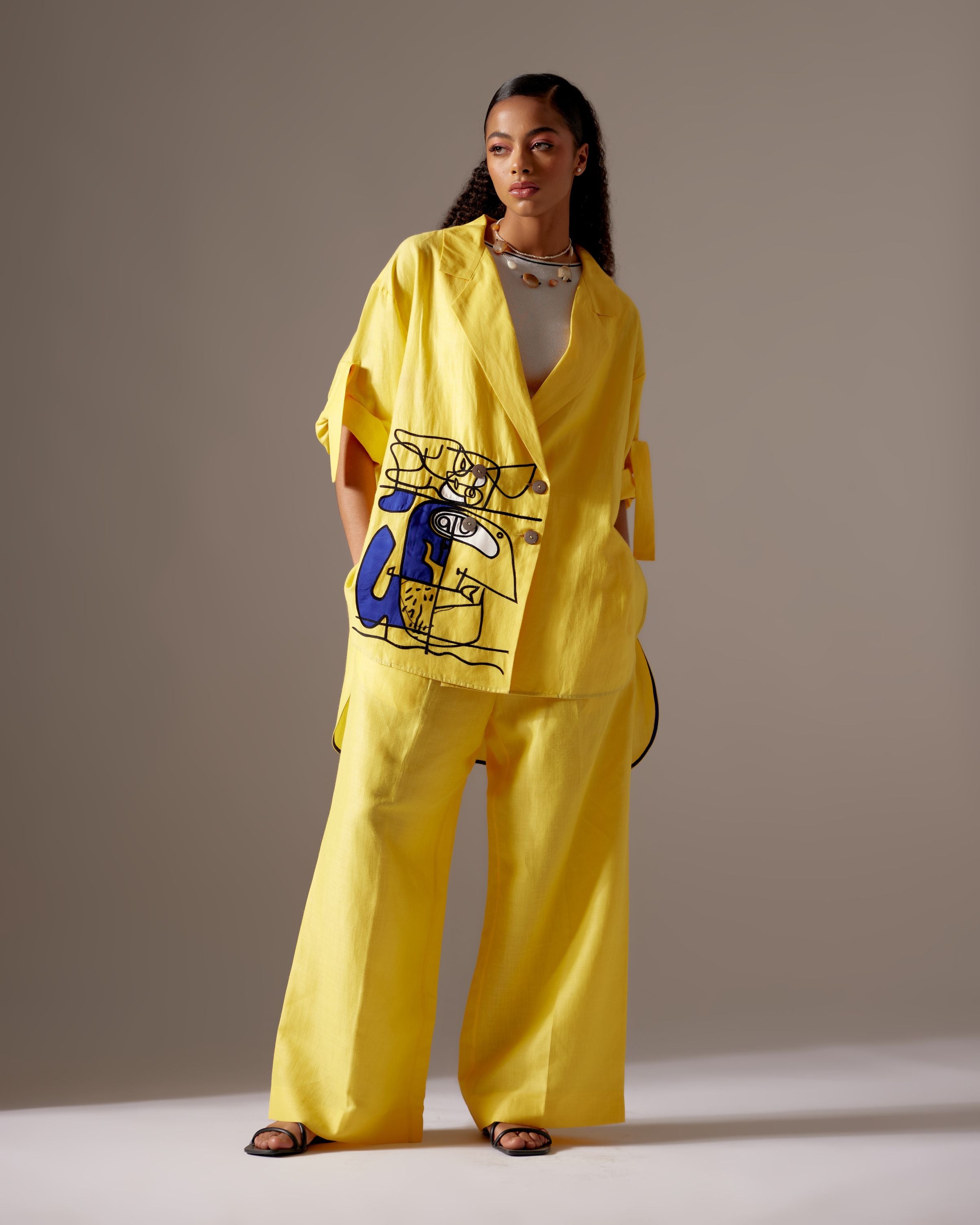 YELLOW LINEN FACE OVERSIZED JACKET CO-ORD