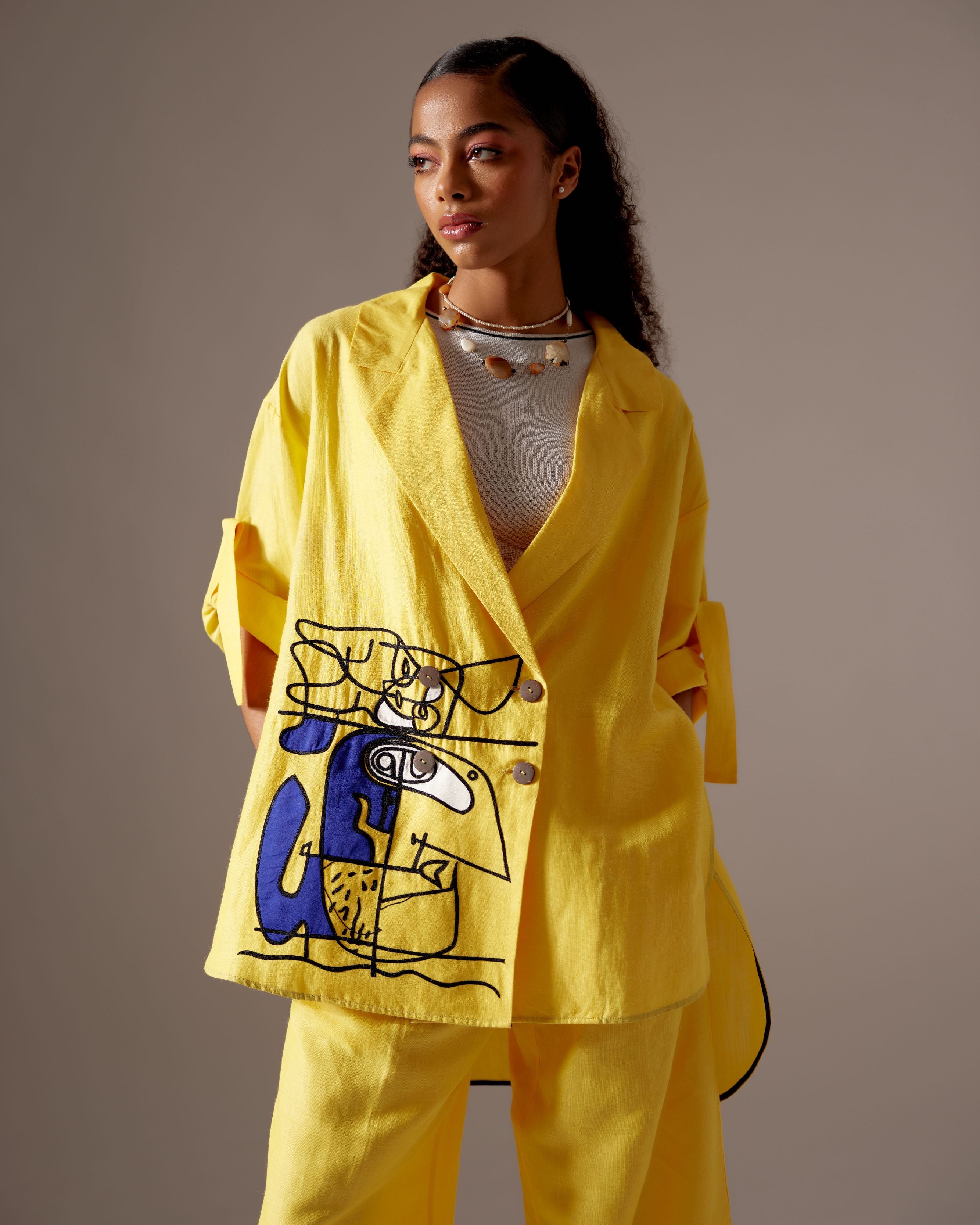 YELLOW LINEN FACE OVERSIZED JACKET CO-ORD