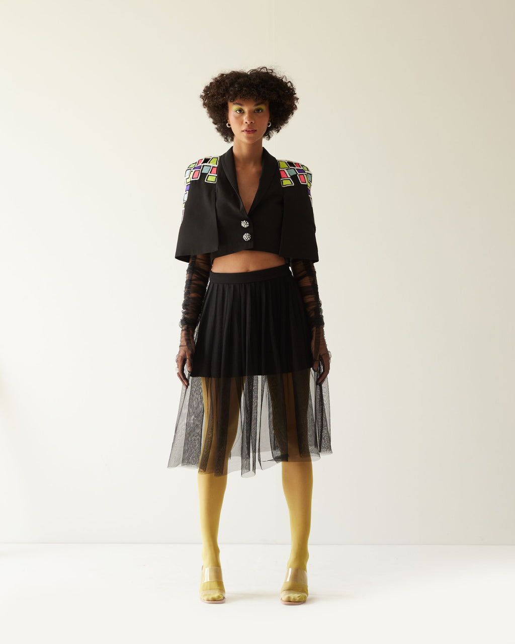 BUILDING RAISED SHOULDER CROPPED JACKET WITH SKIRT CO-ORD SET