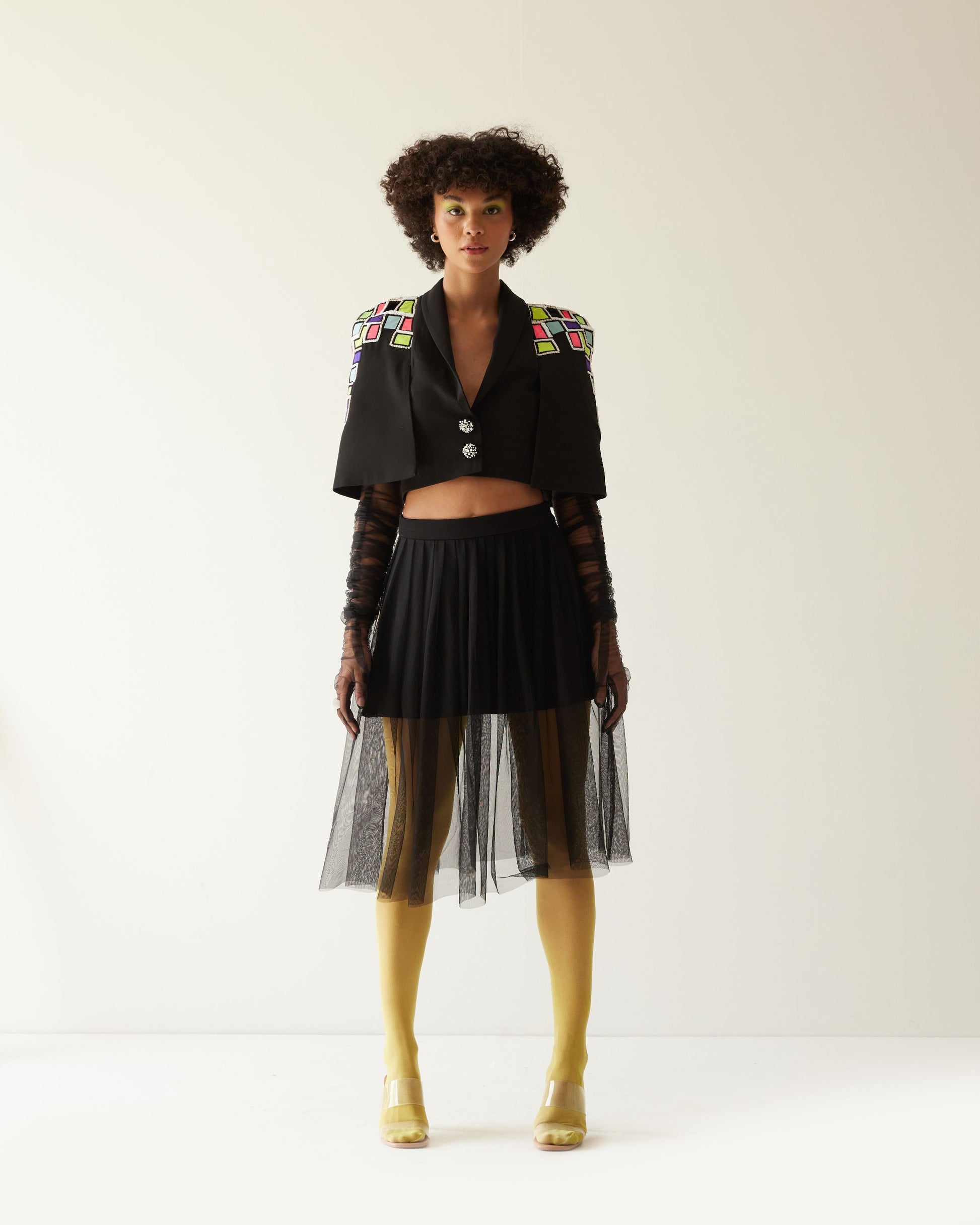 BUILDING RAISED SHOULDER CROPPED JACKET WITH SKIRT CO-ORD SET