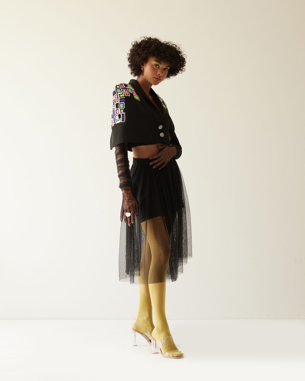 BUILDING RAISED SHOULDER CROPPED JACKET WITH SKIRT CO-ORD SET