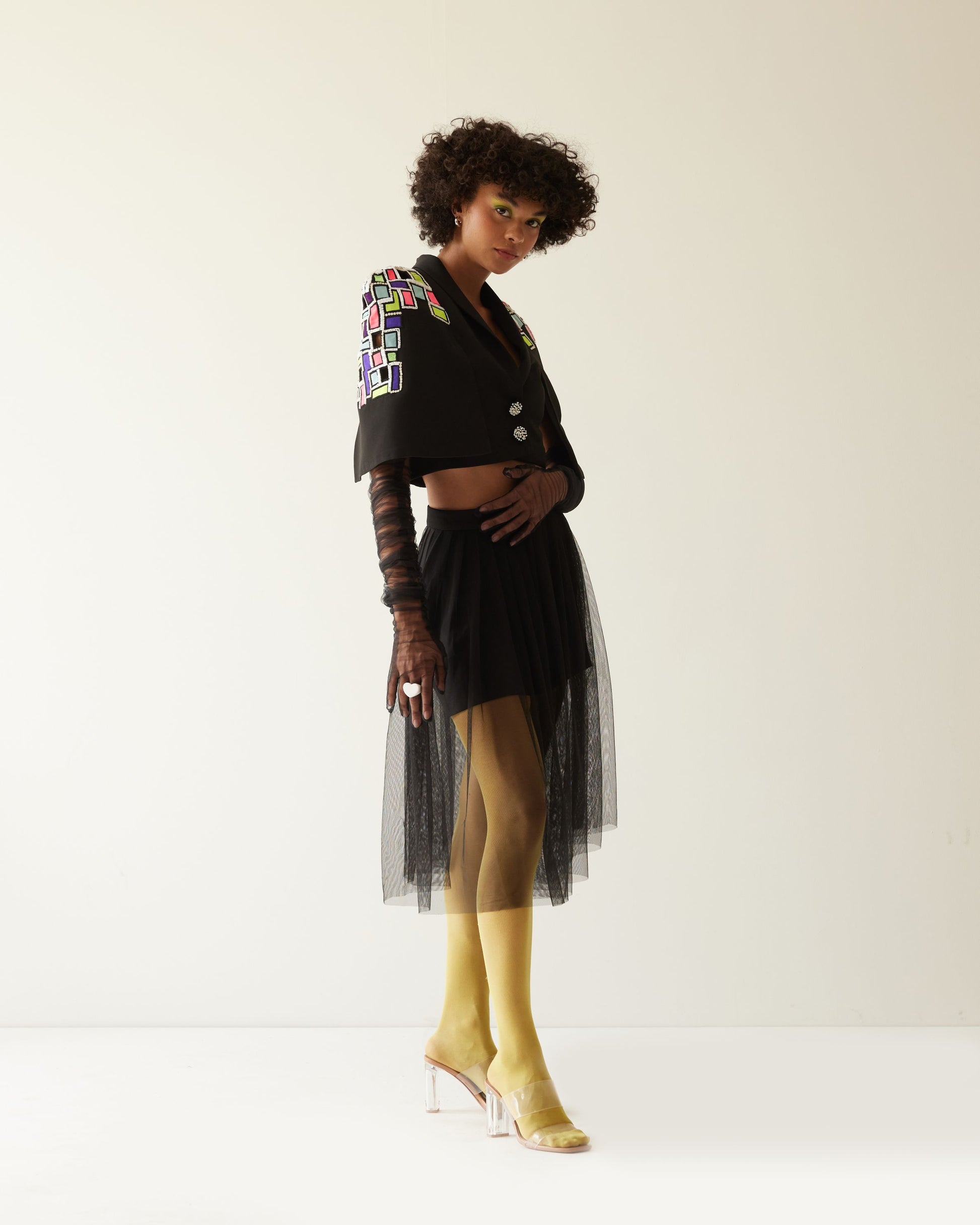 BUILDING RAISED SHOULDER CROPPED JACKET WITH SKIRT CO-ORD SET