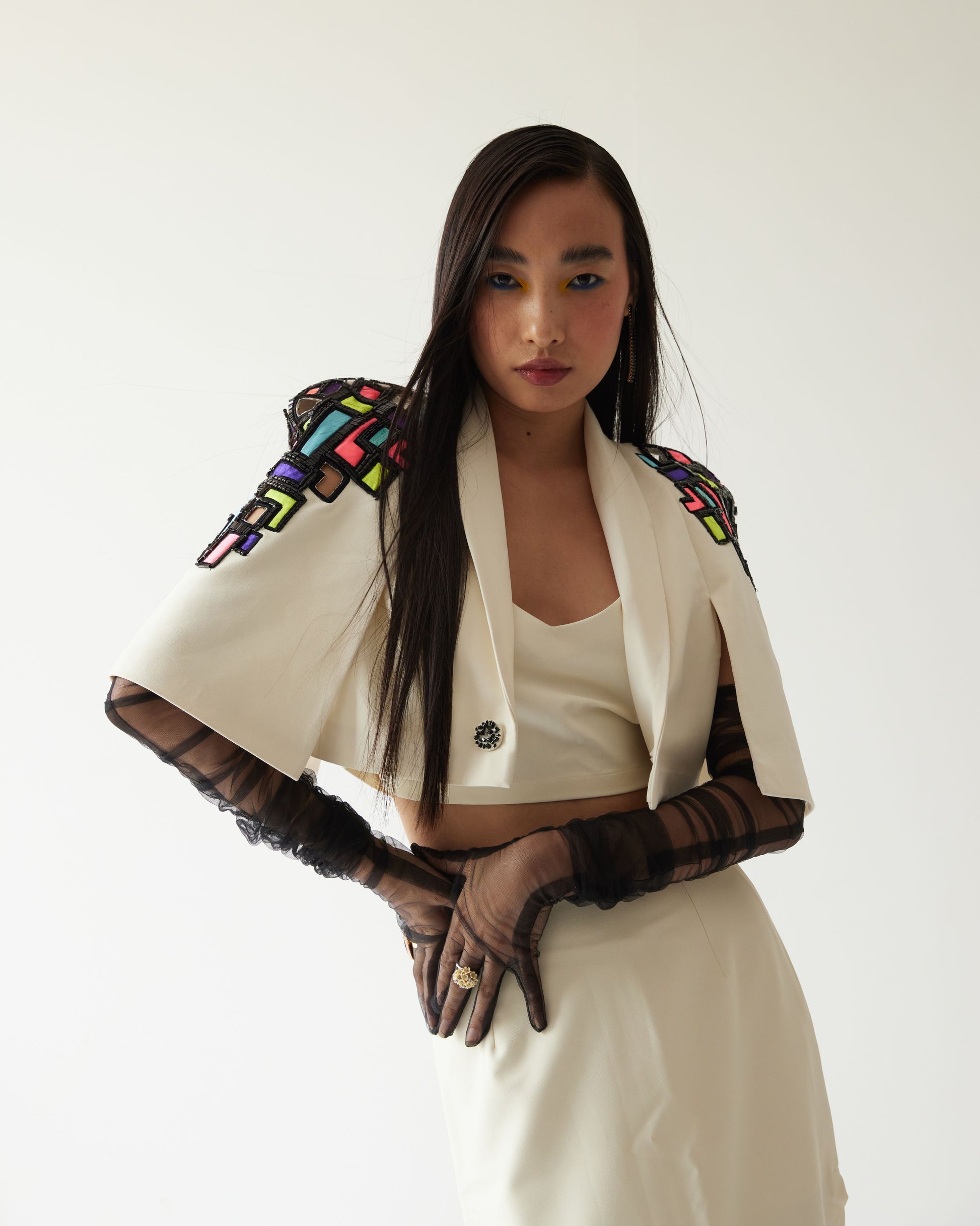 BUILDING RAISED SHOULDER CROPPED JACKET WITH SKIRT CO-ORD