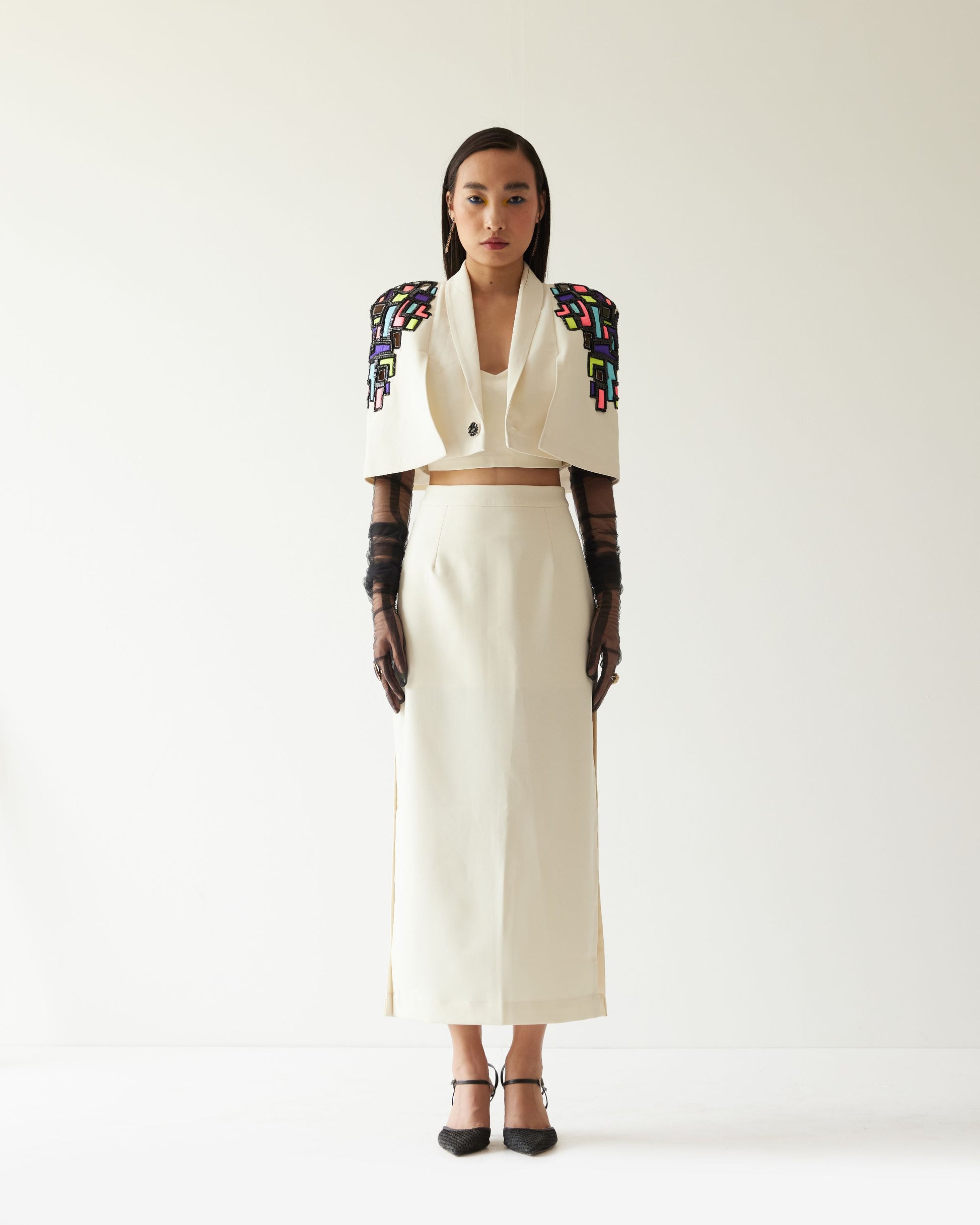 BUILDING RAISED SHOULDER CROPPED JACKET WITH SKIRT CO-ORD