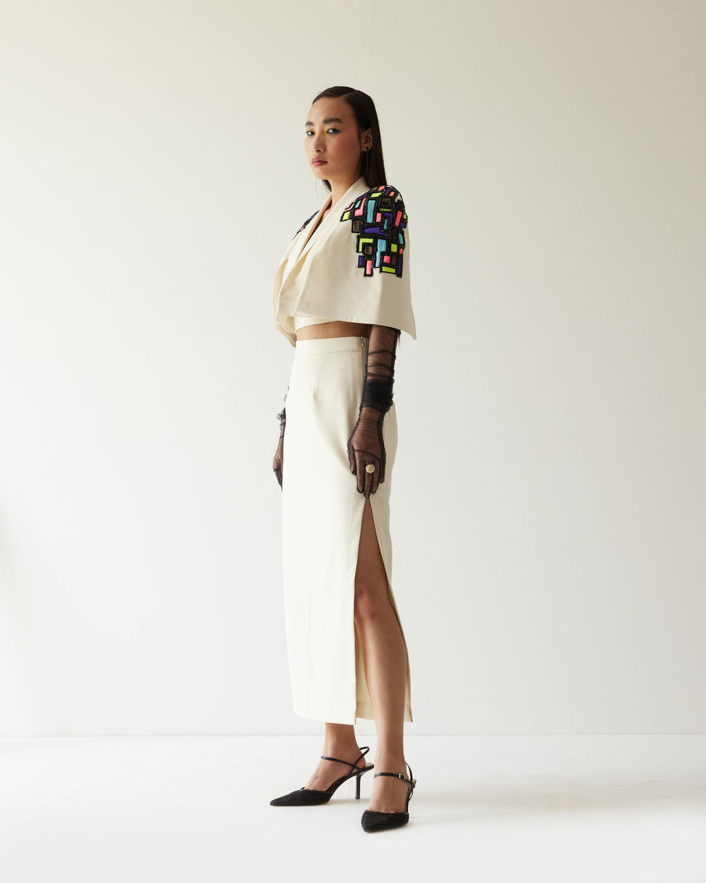 BUILDING RAISED SHOULDER CROPPED JACKET WITH SKIRT CO-ORD