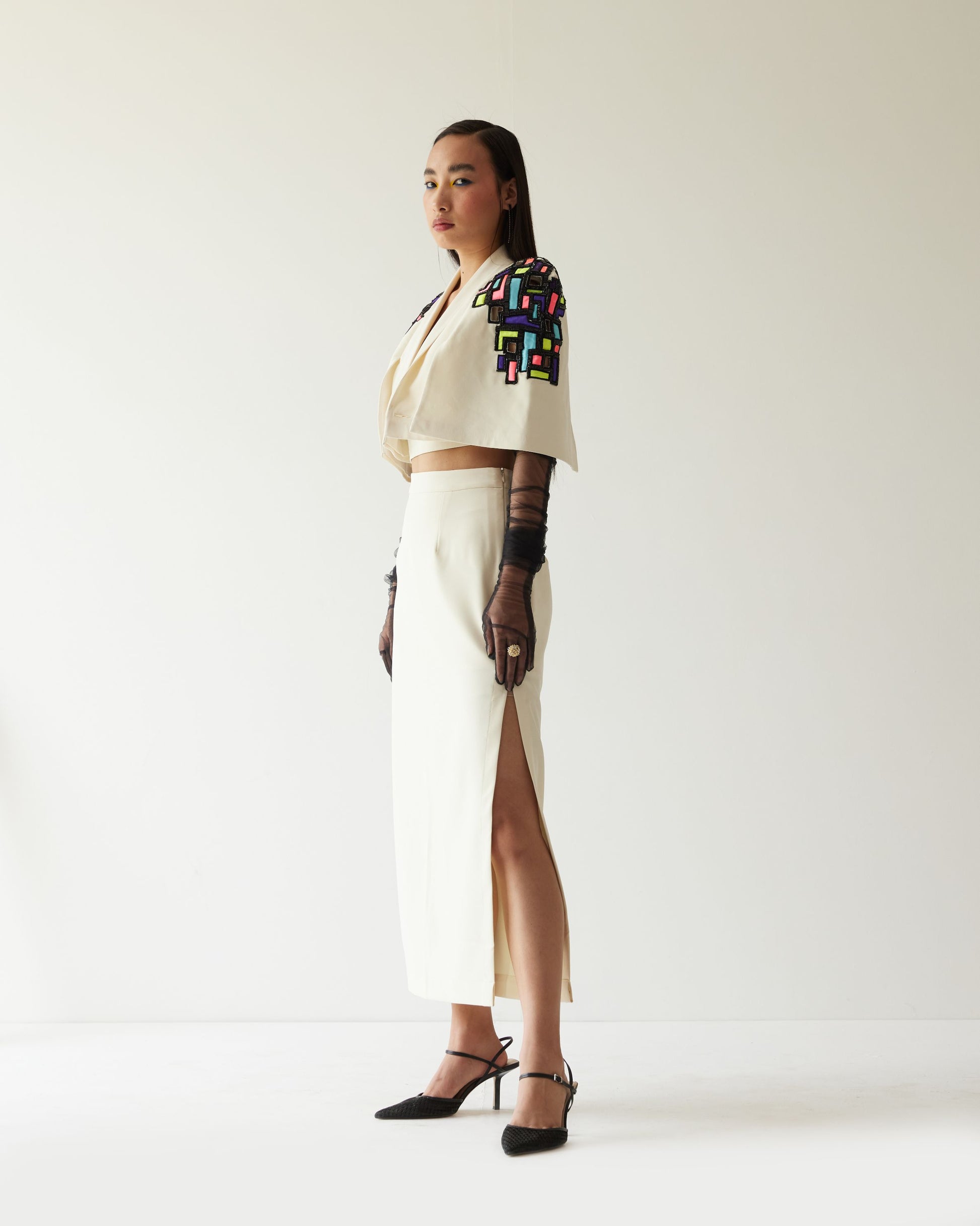 BUILDING RAISED SHOULDER CROPPED JACKET WITH SKIRT CO-ORD
