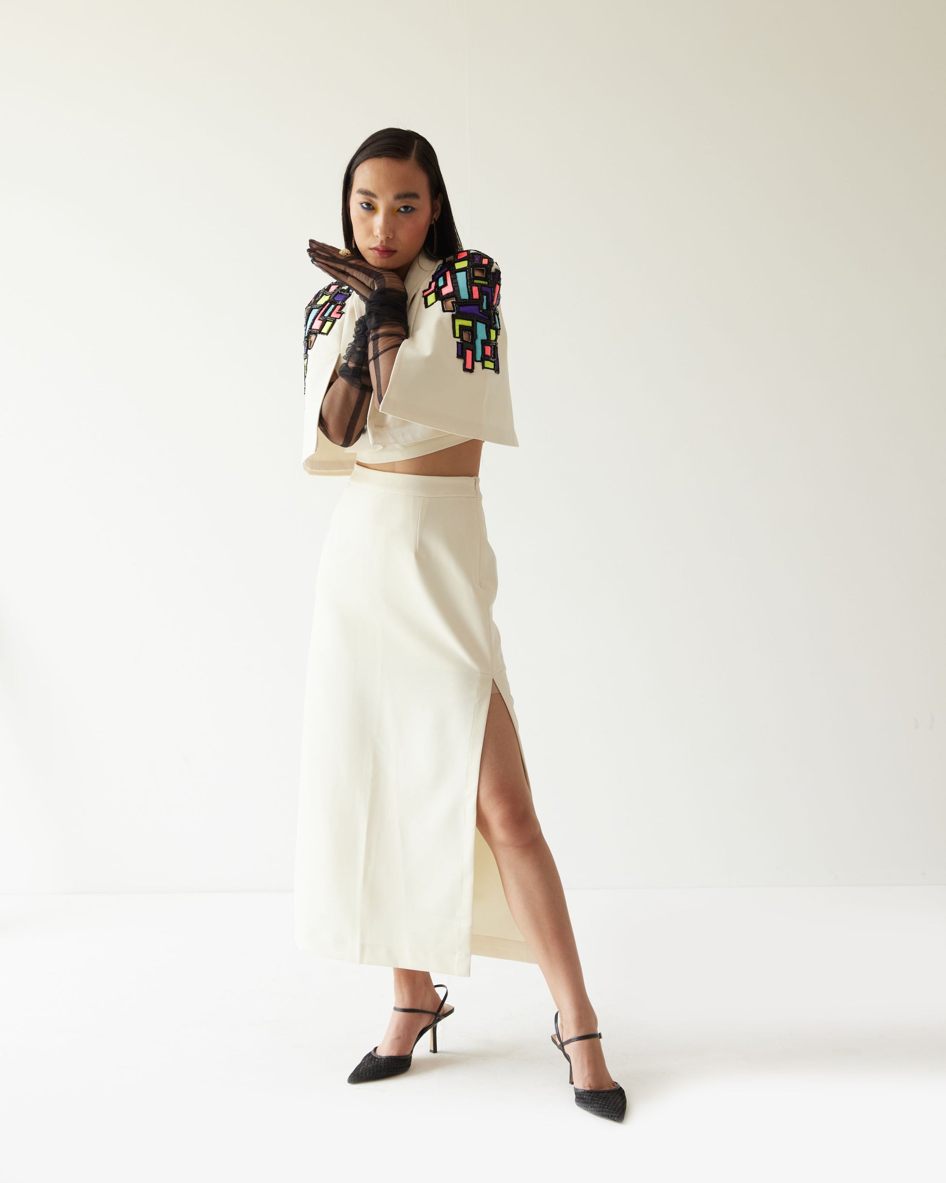 BUILDING RAISED SHOULDER CROPPED JACKET WITH SKIRT CO-ORD