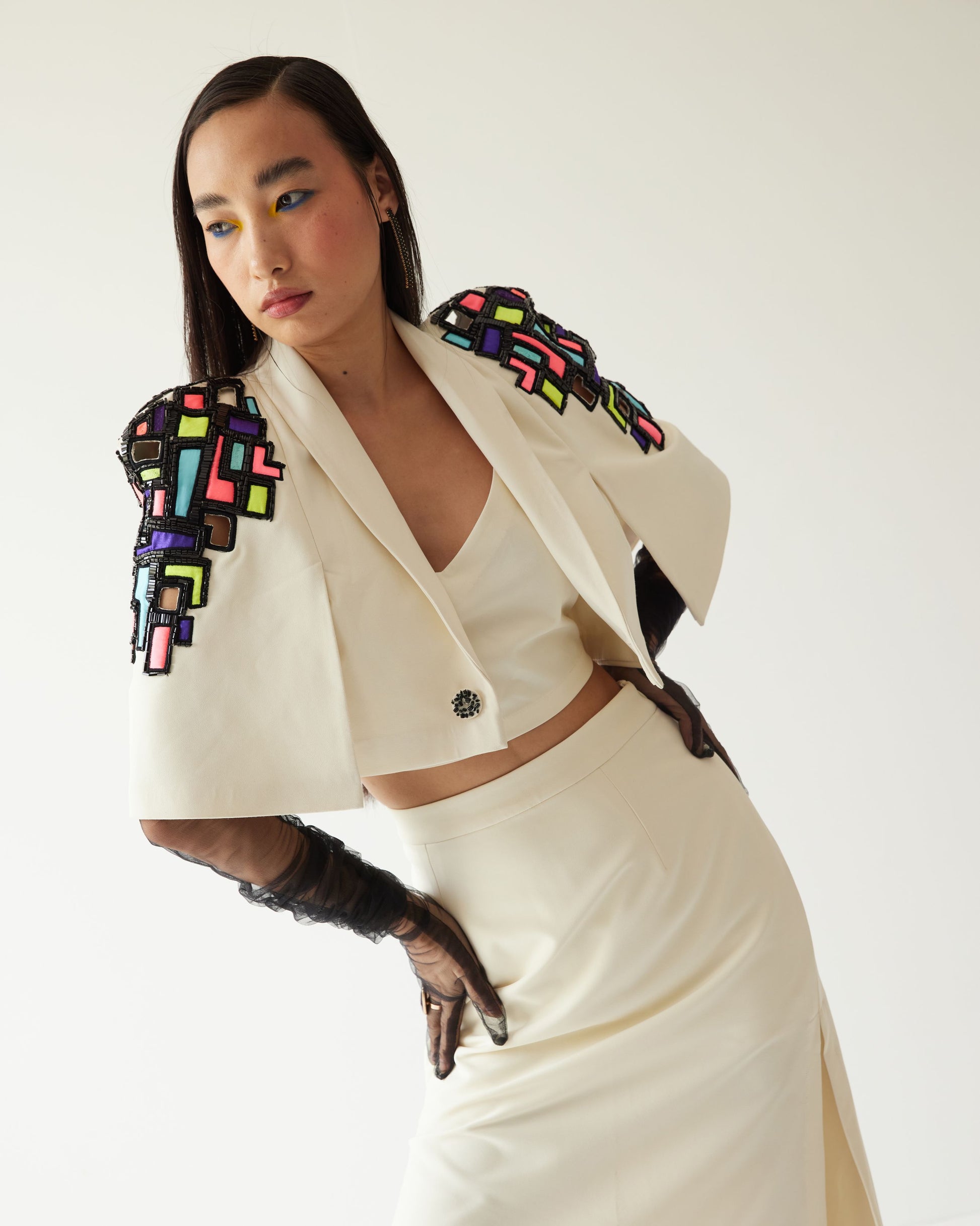 BUILDING RAISED SHOULDER CROPPED JACKET WITH SKIRT CO-ORD