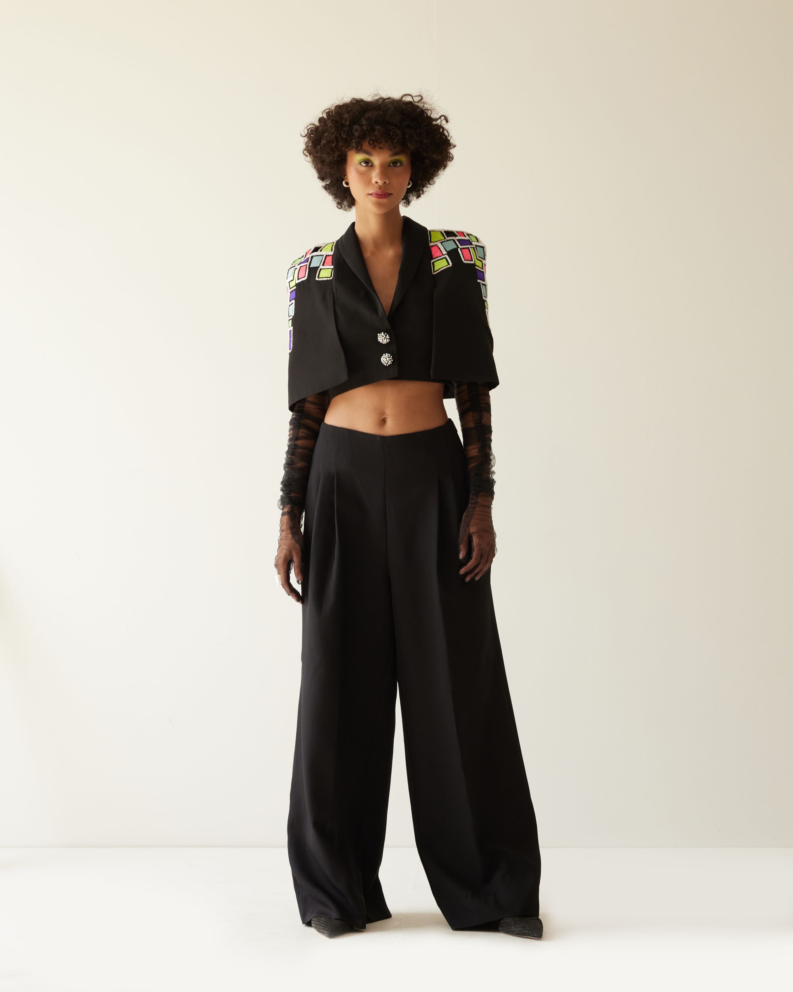 BUILDING RAISED SHOULDER CROPPED JACKET WITH TROUSER CO-ORD SET