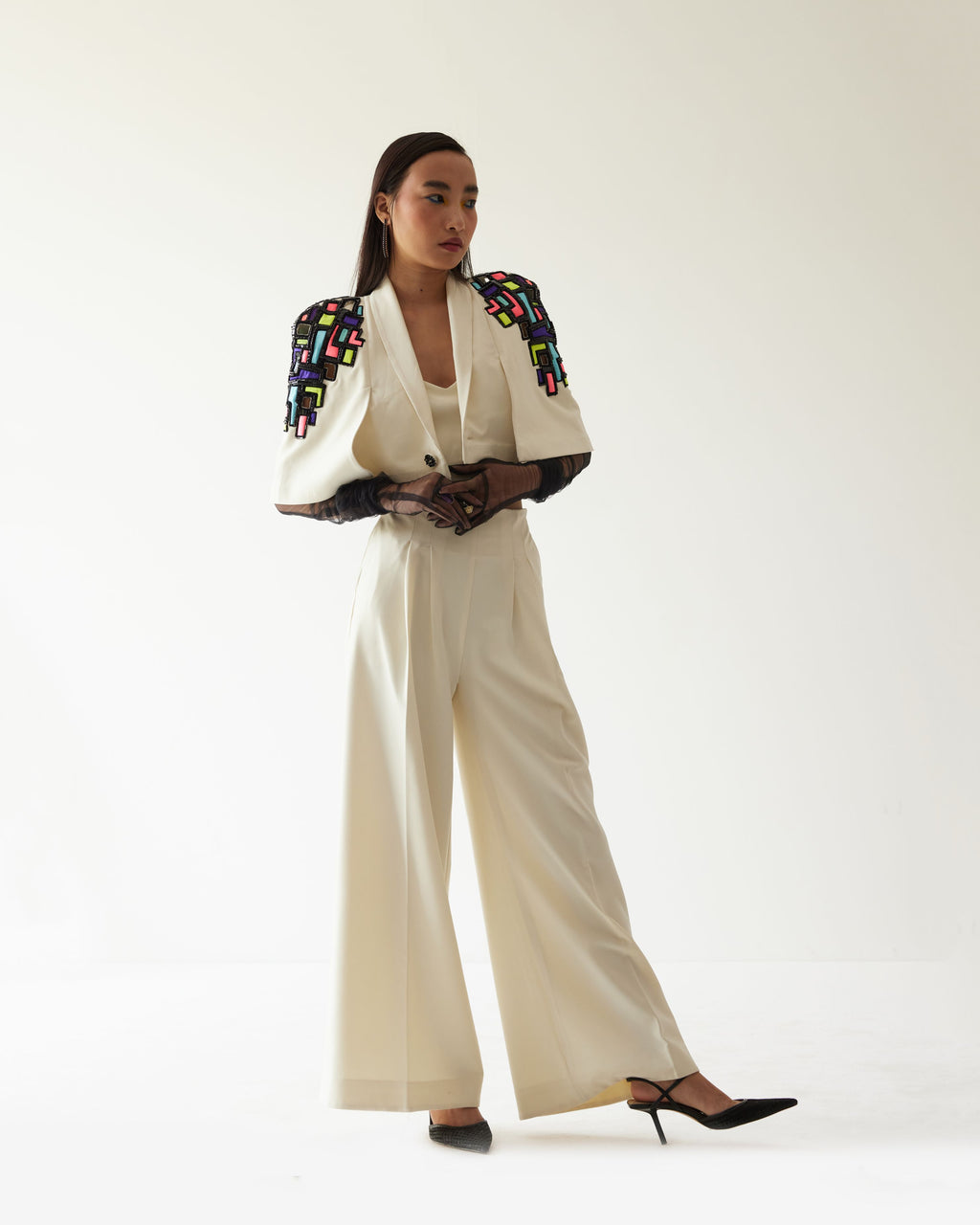 BUILDING RAISED SHOULDER CROPPED JACKET WITH TROUSERS CO-ORD SET