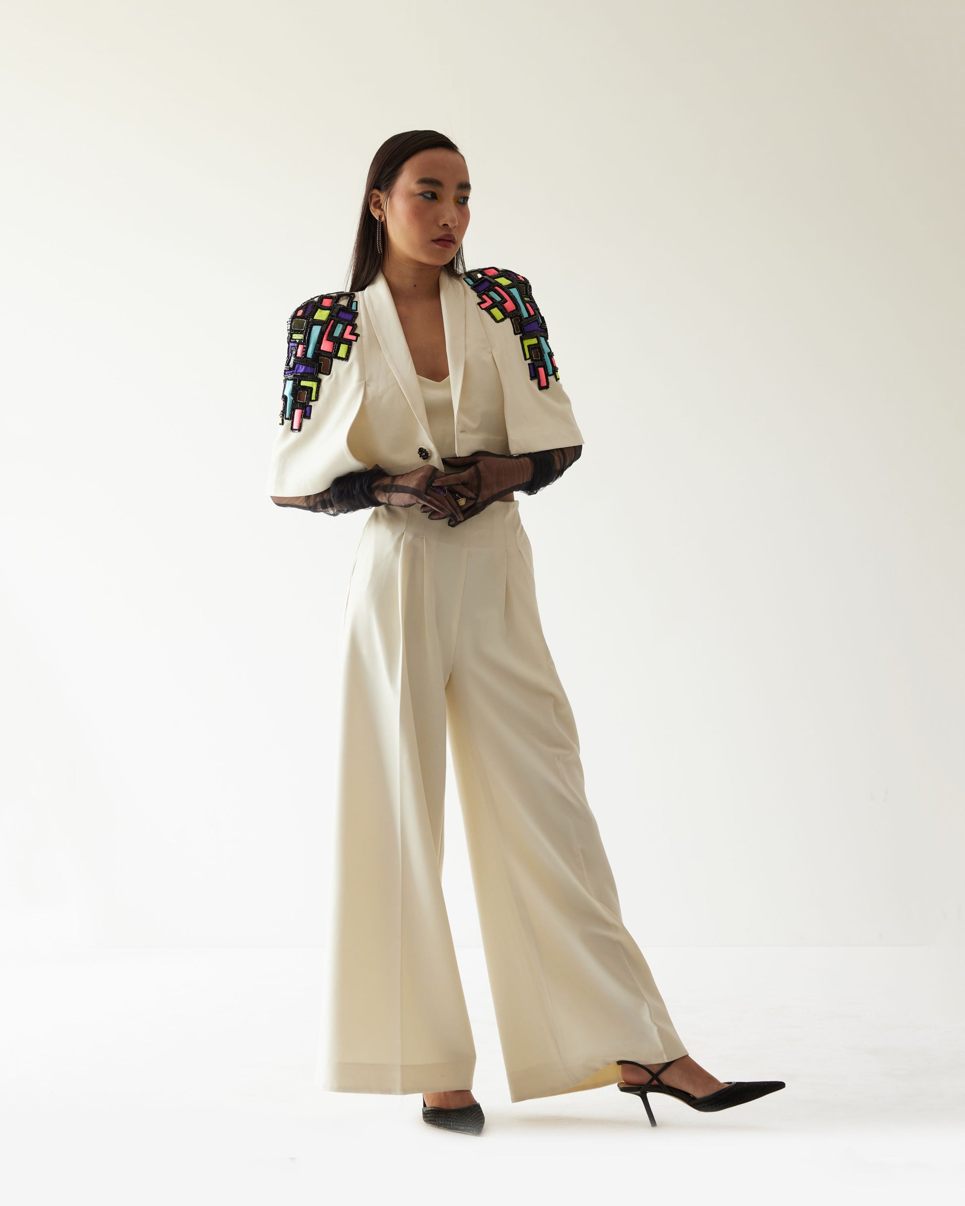 BUILDING RAISED SHOULDER CROPPED JACKET WITH TROUSERS CO-ORD SET