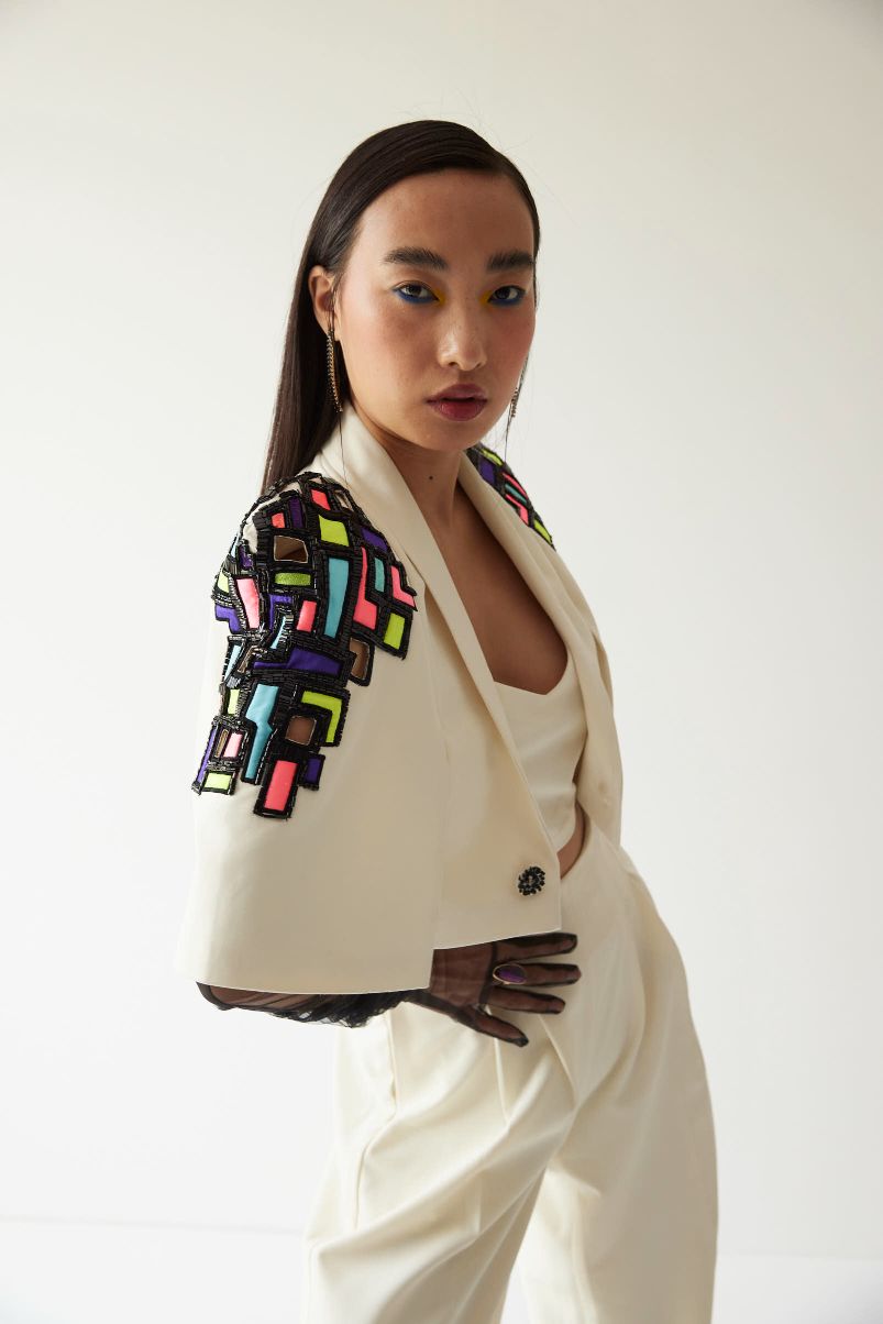 BUILDING RAISED SHOULDER CROPPED JACKET WITH TROUSERS CO-ORD SET