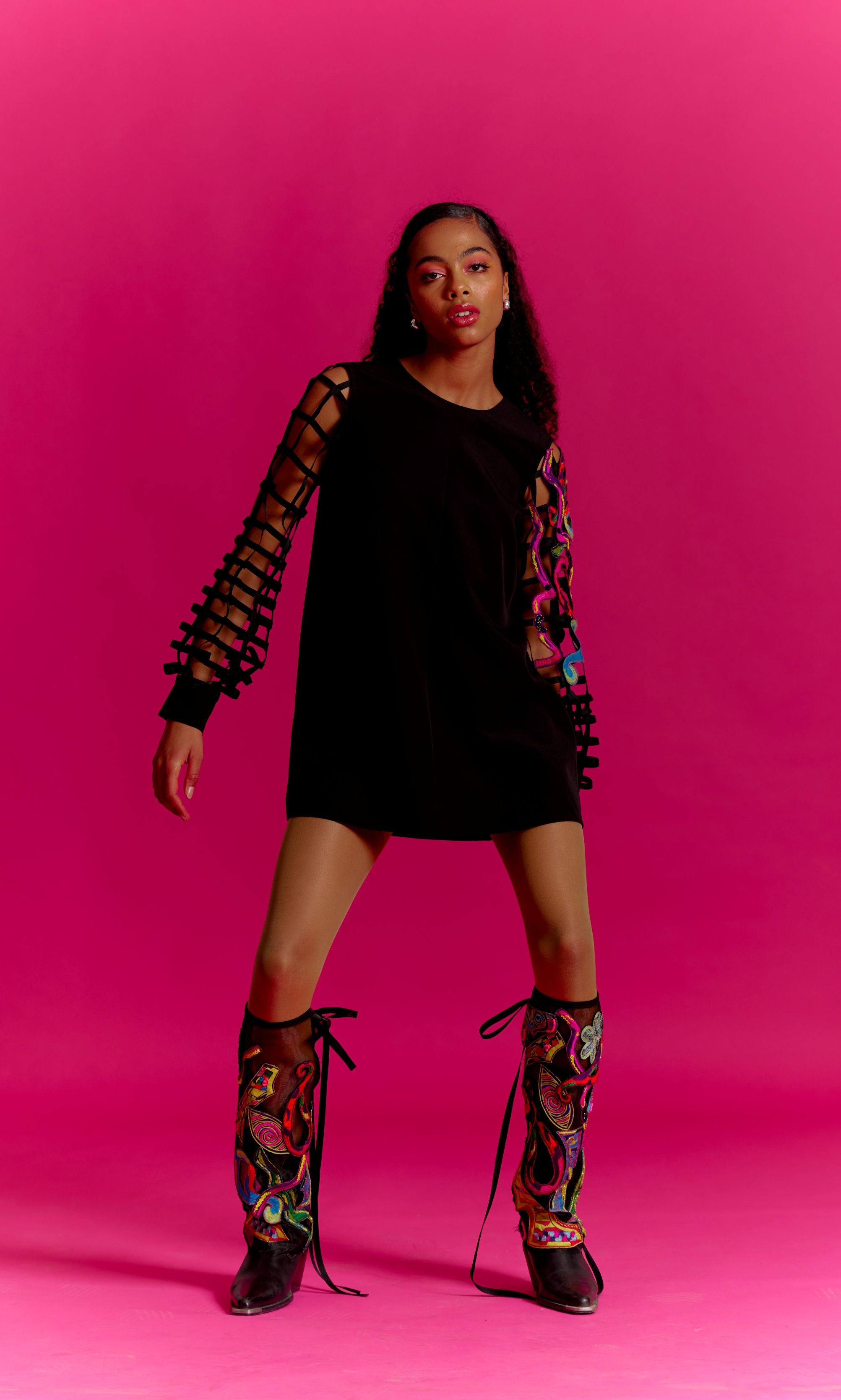 Blurry Eyes Trippy Vibes Balloon Sleeve Dress