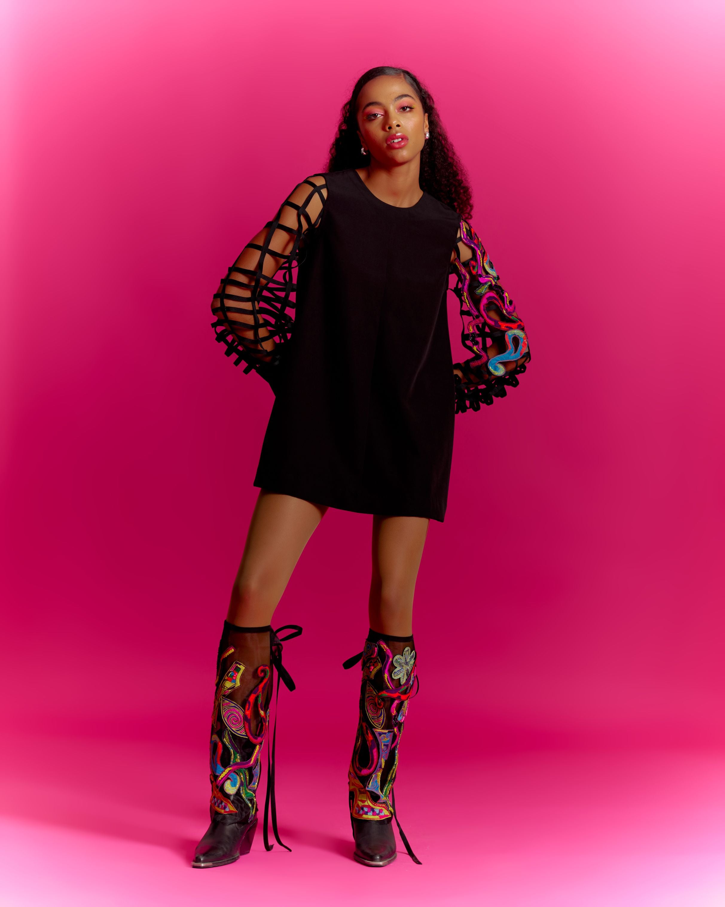 Blurry Eyes Trippy Vibes Balloon Sleeve Dress