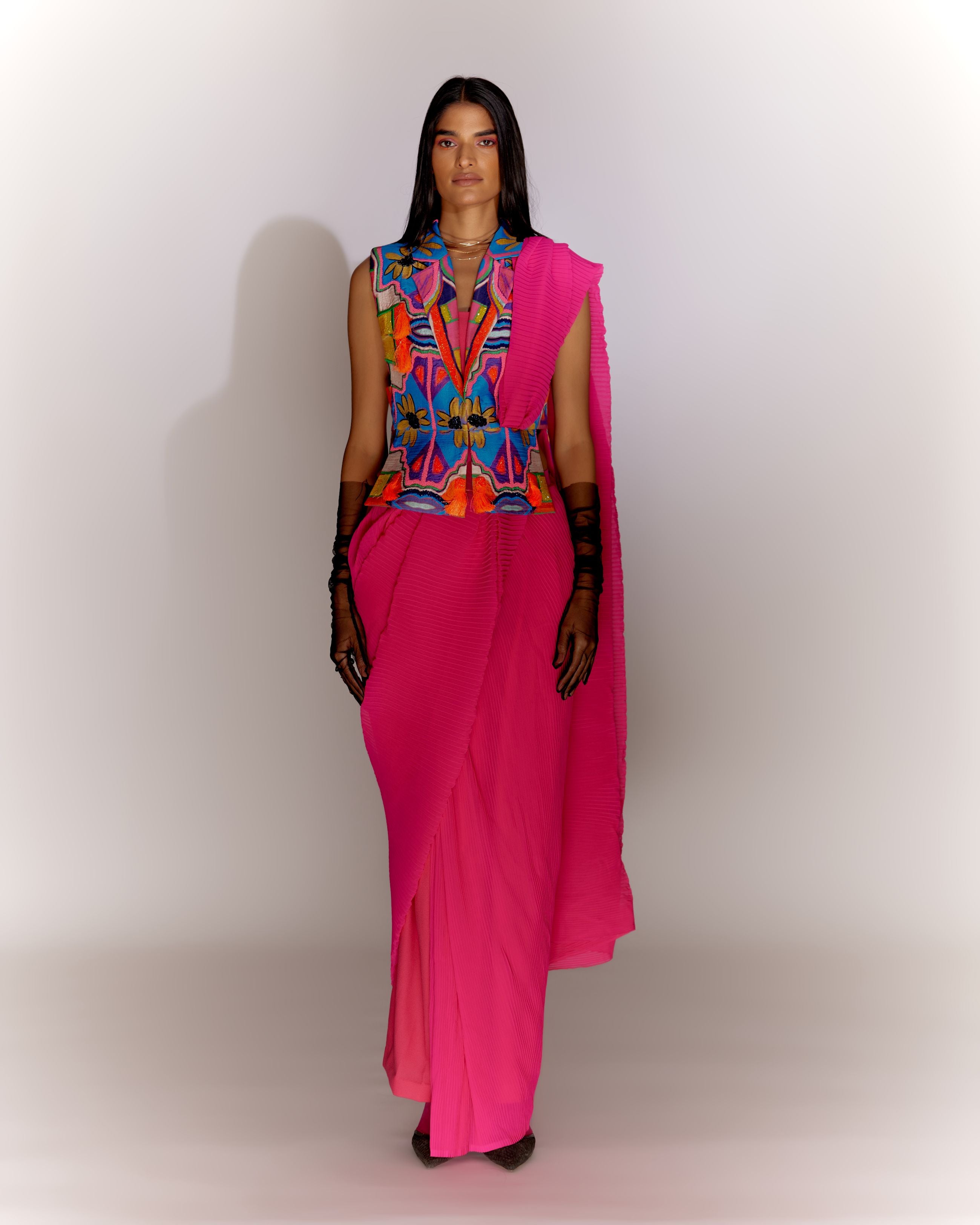 Fringe Jacket Printed with Saree Drape