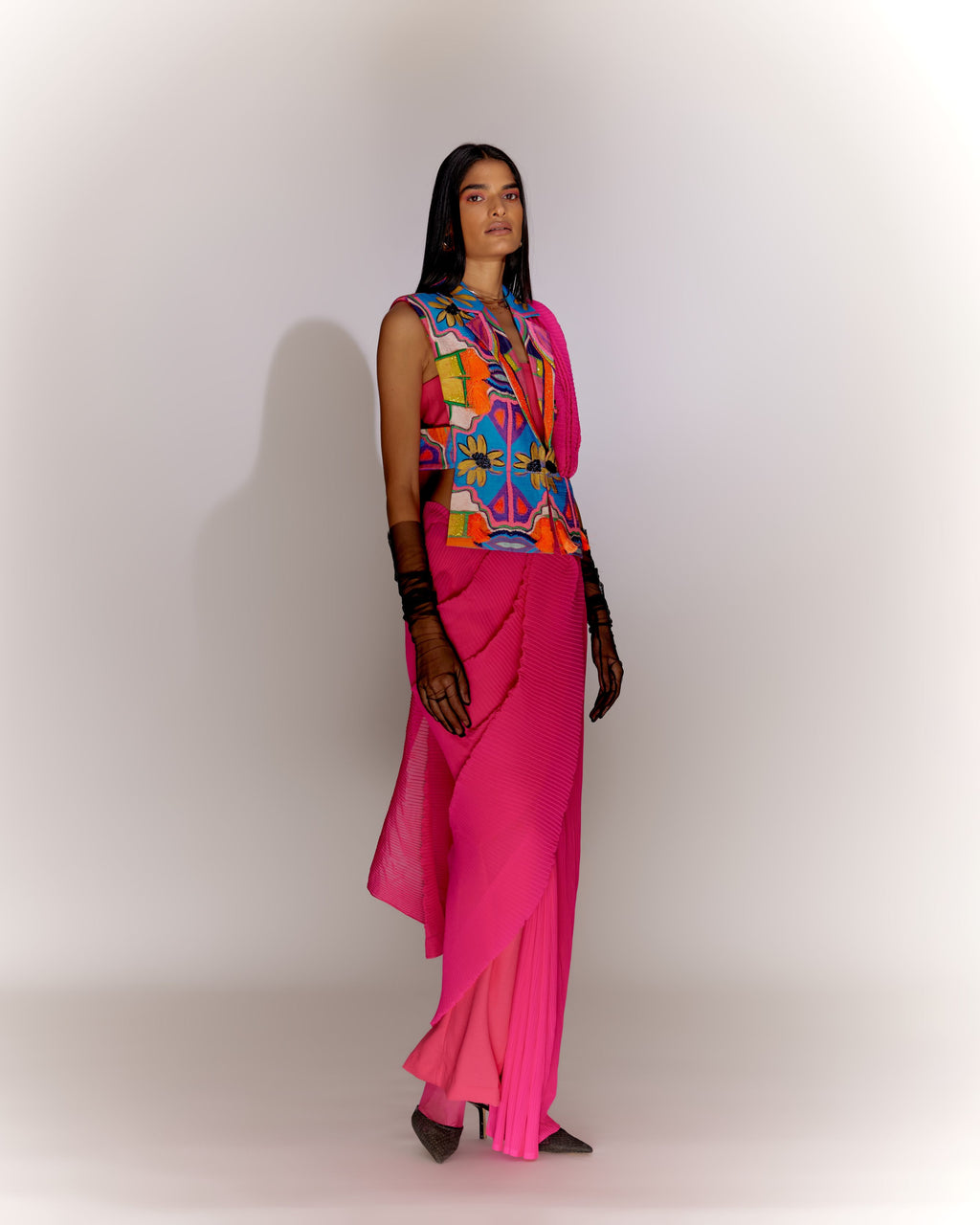Fringe Jacket Printed with Saree Drape