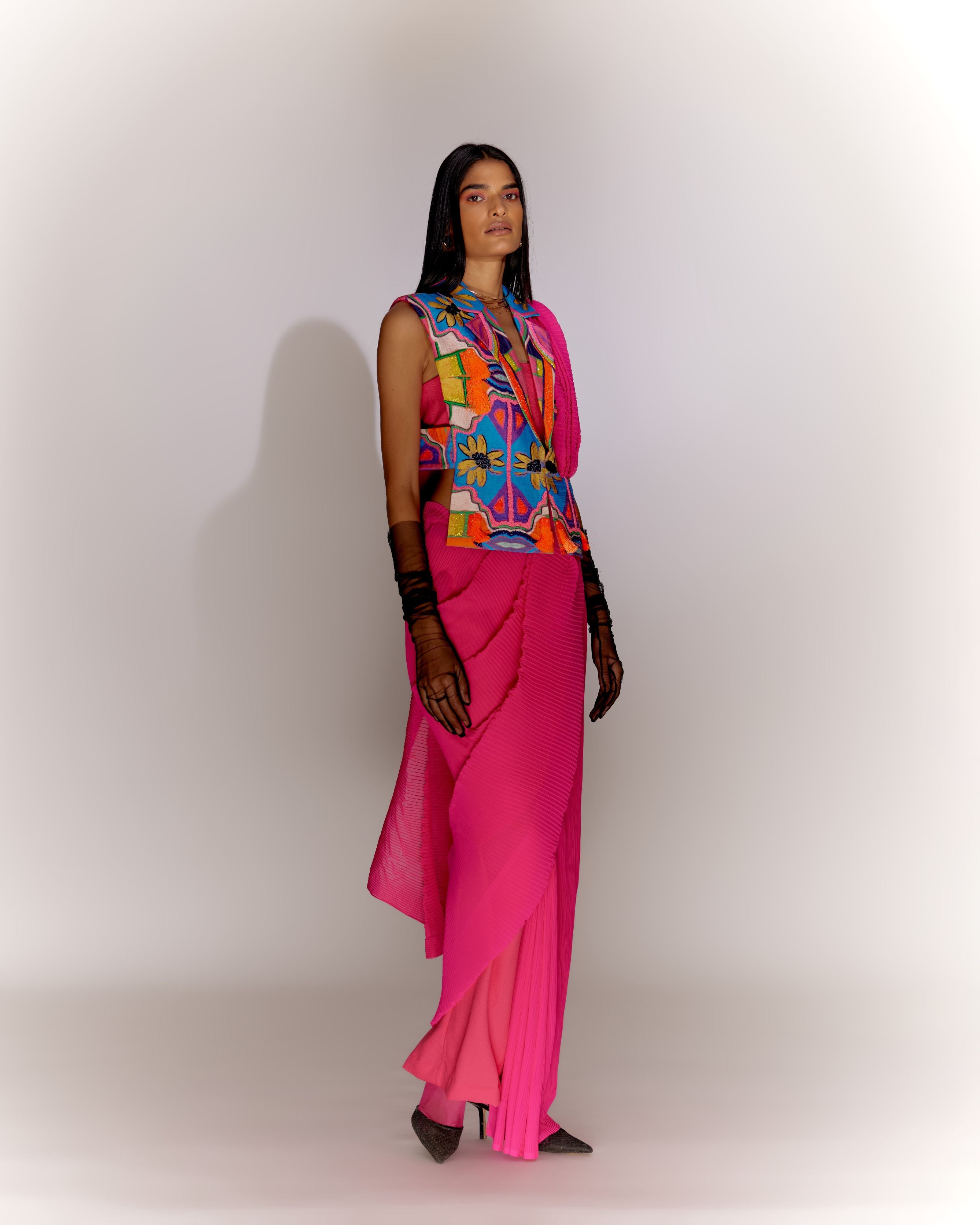 Fringe Jacket Printed with Saree Drape
