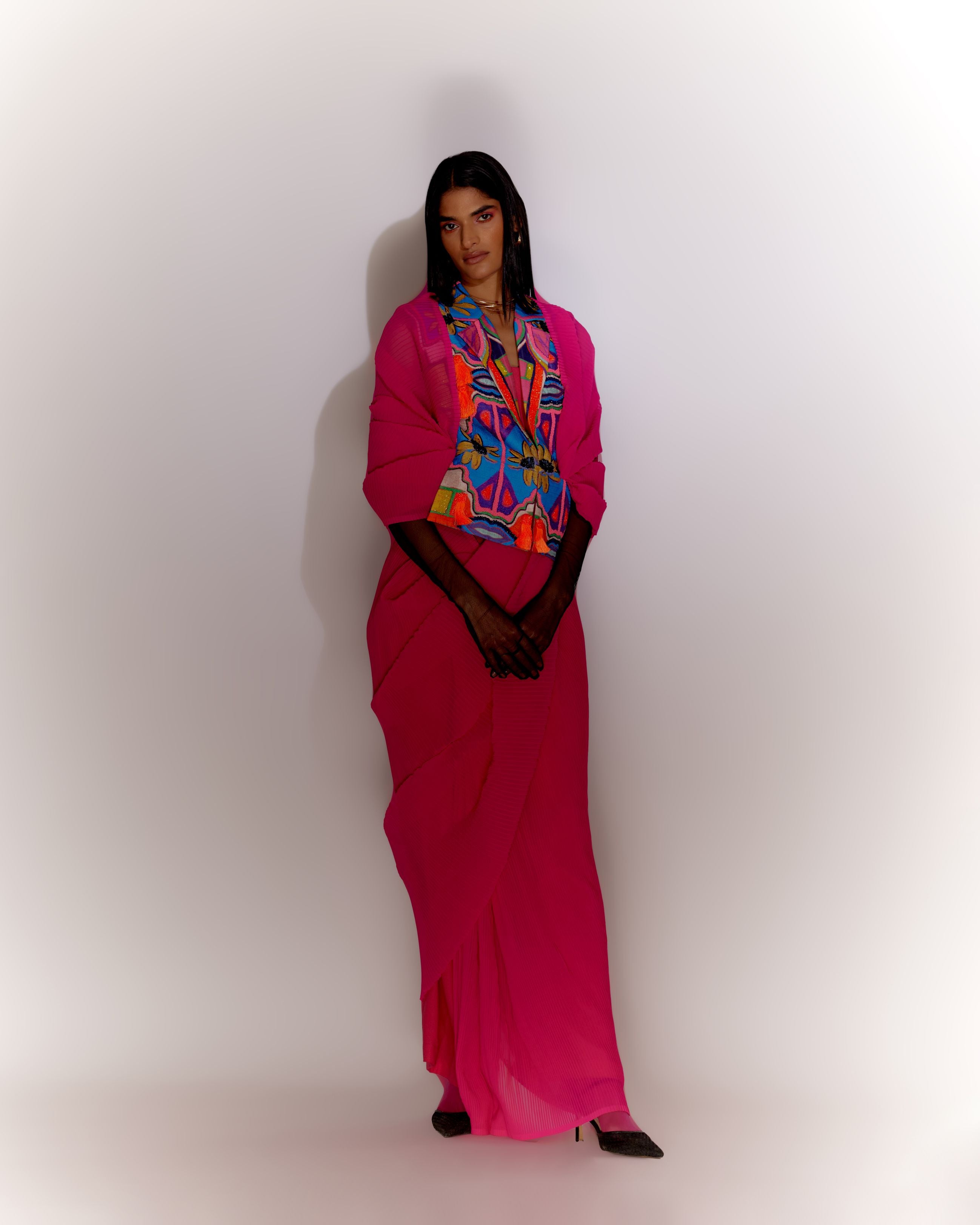 Fringe Jacket Printed with Saree Drape