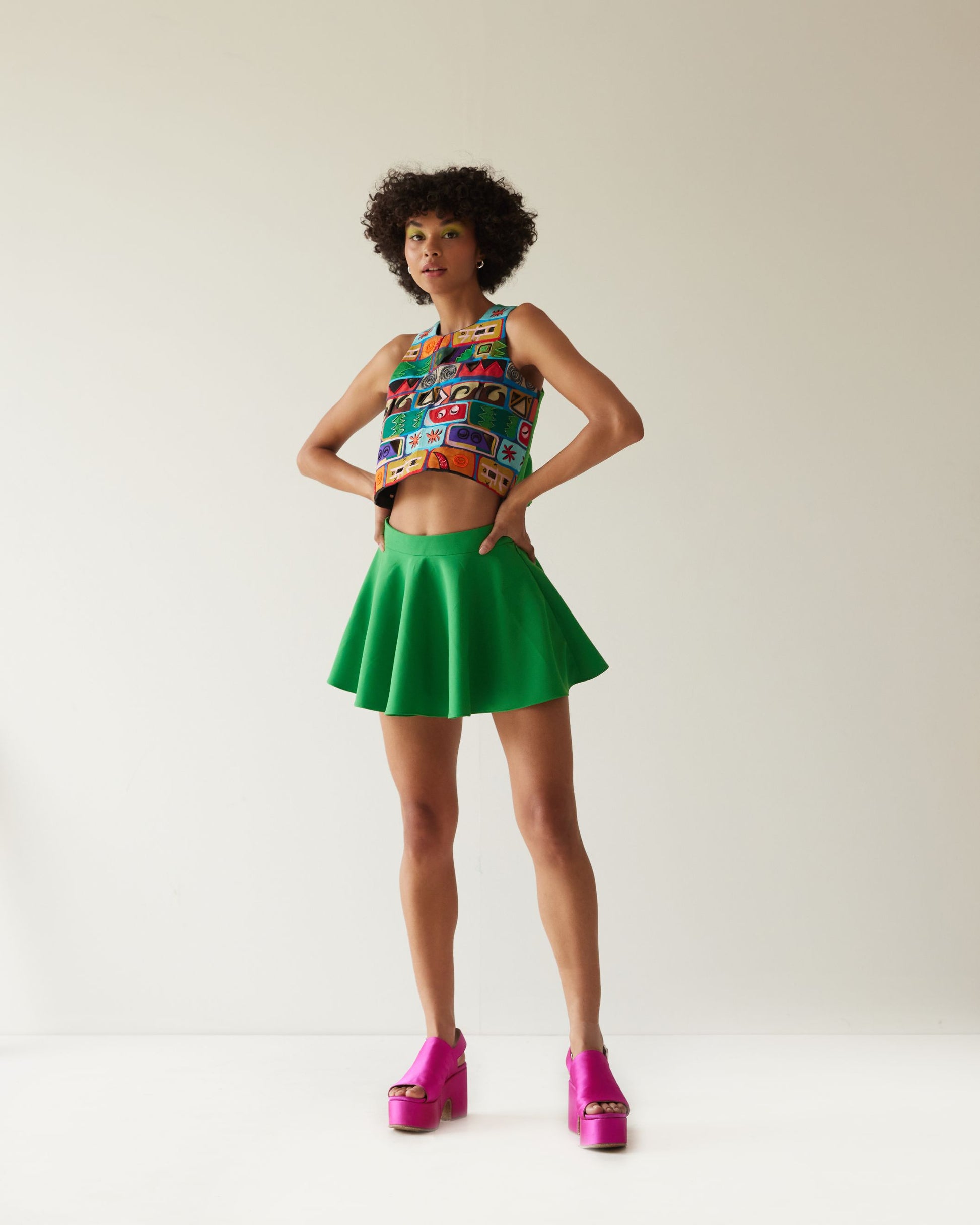 EMBROIDERED BRICKS CROP TOP WITH SKIRT