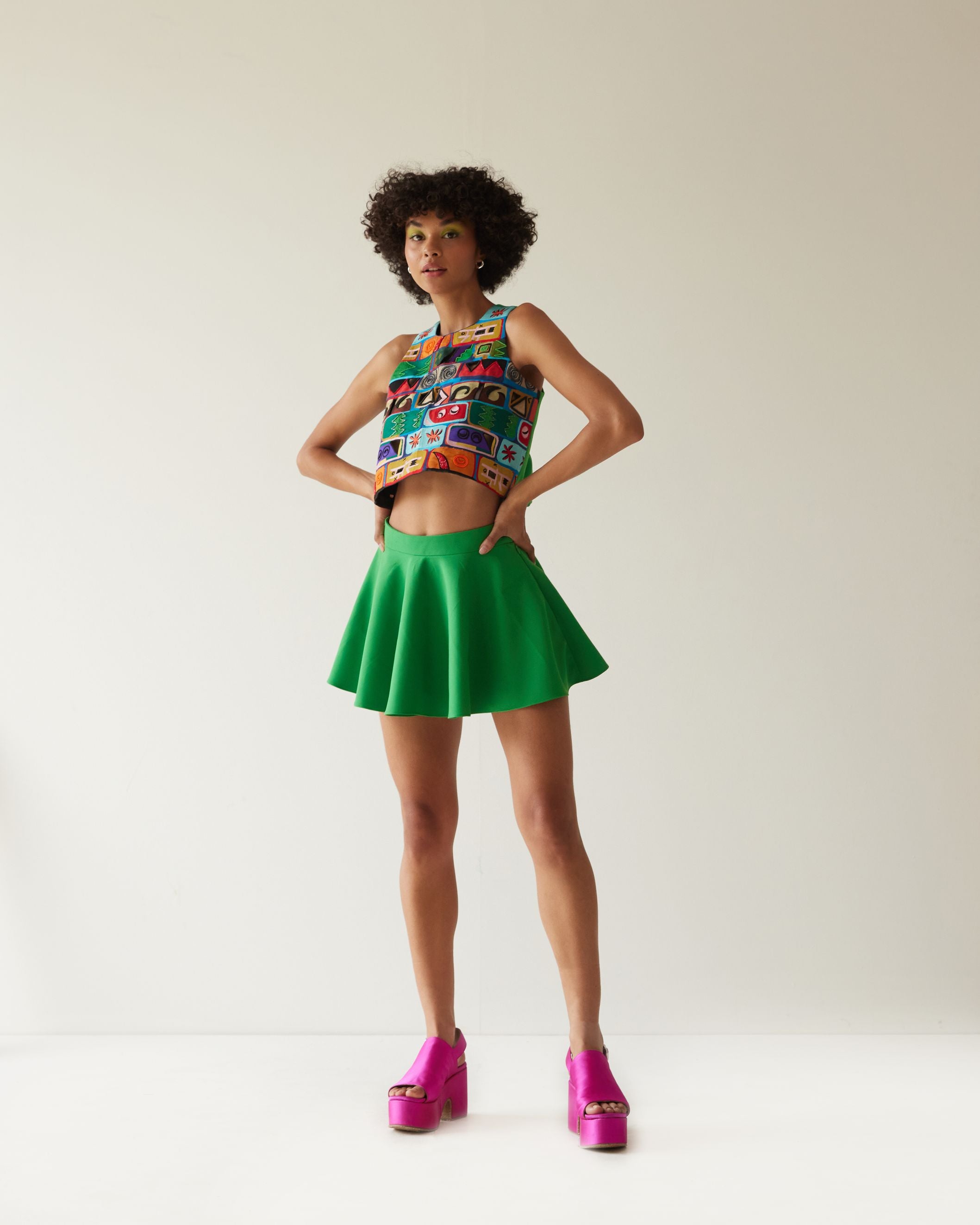 EMBROIDERED BRICKS CROP TOP WITH SKIRT