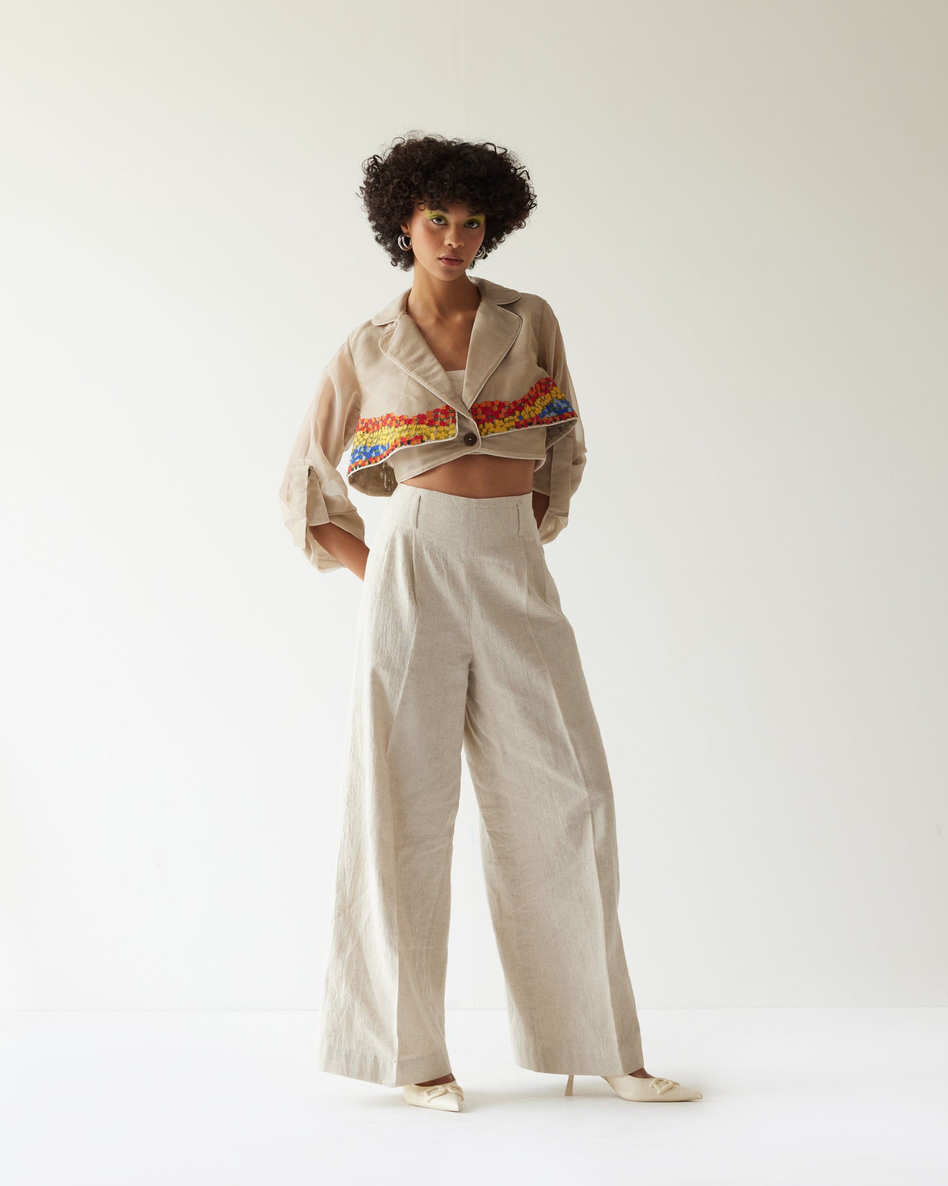 ORGANZA FLOWER VALLEY  LAYERED CROPPED BLAZER CO-ORD SET