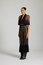 Load image into Gallery viewer, Black Cage Stories Cape Style blazer Skirt Co-ord
