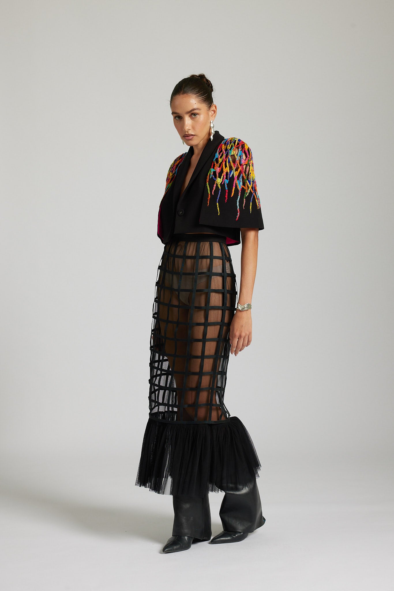 Black Cage Stories Cape Style blazer Skirt Co-ord