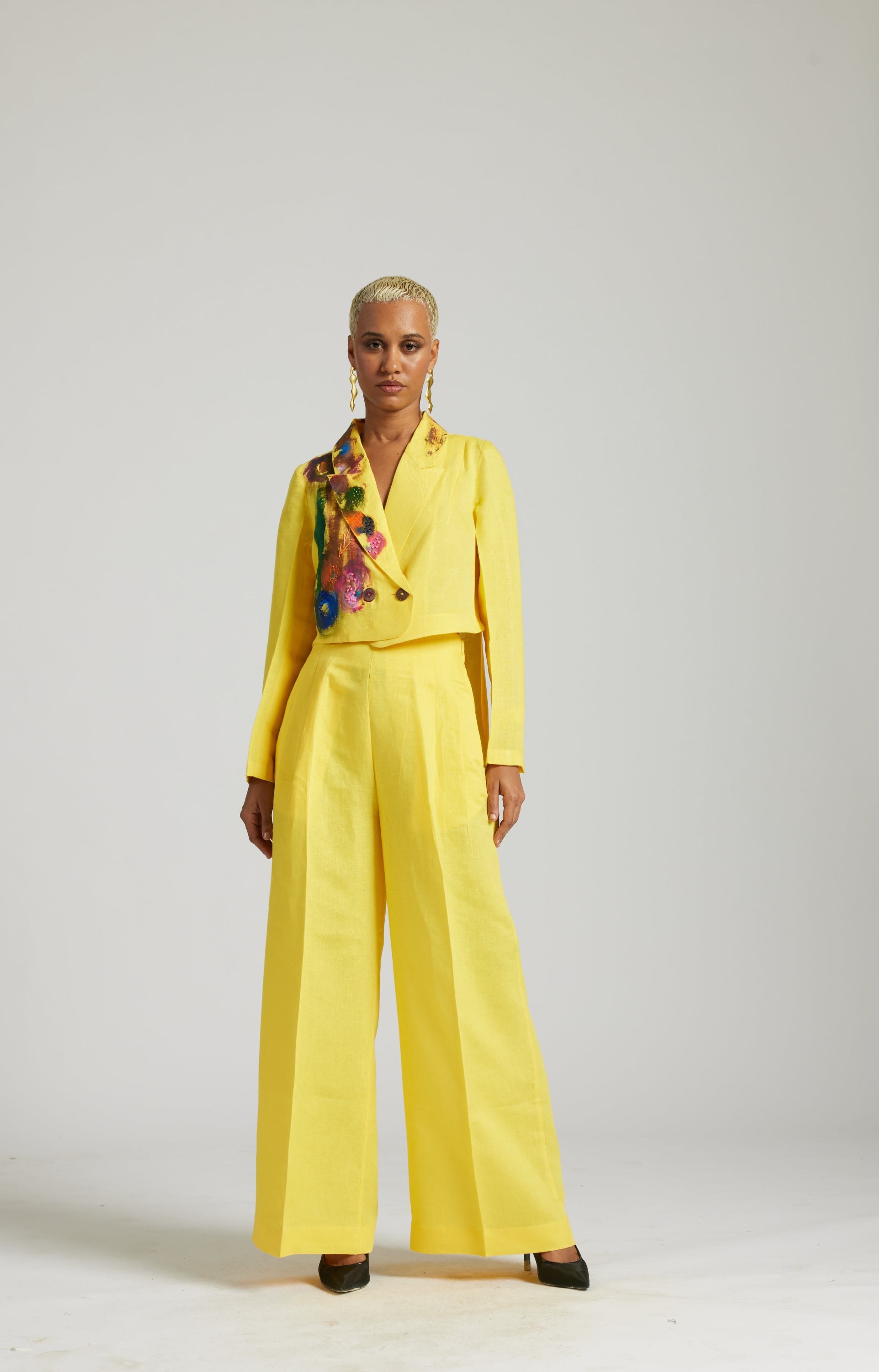 Yellow Hand Painted Linen Cropped blazer Co-ord