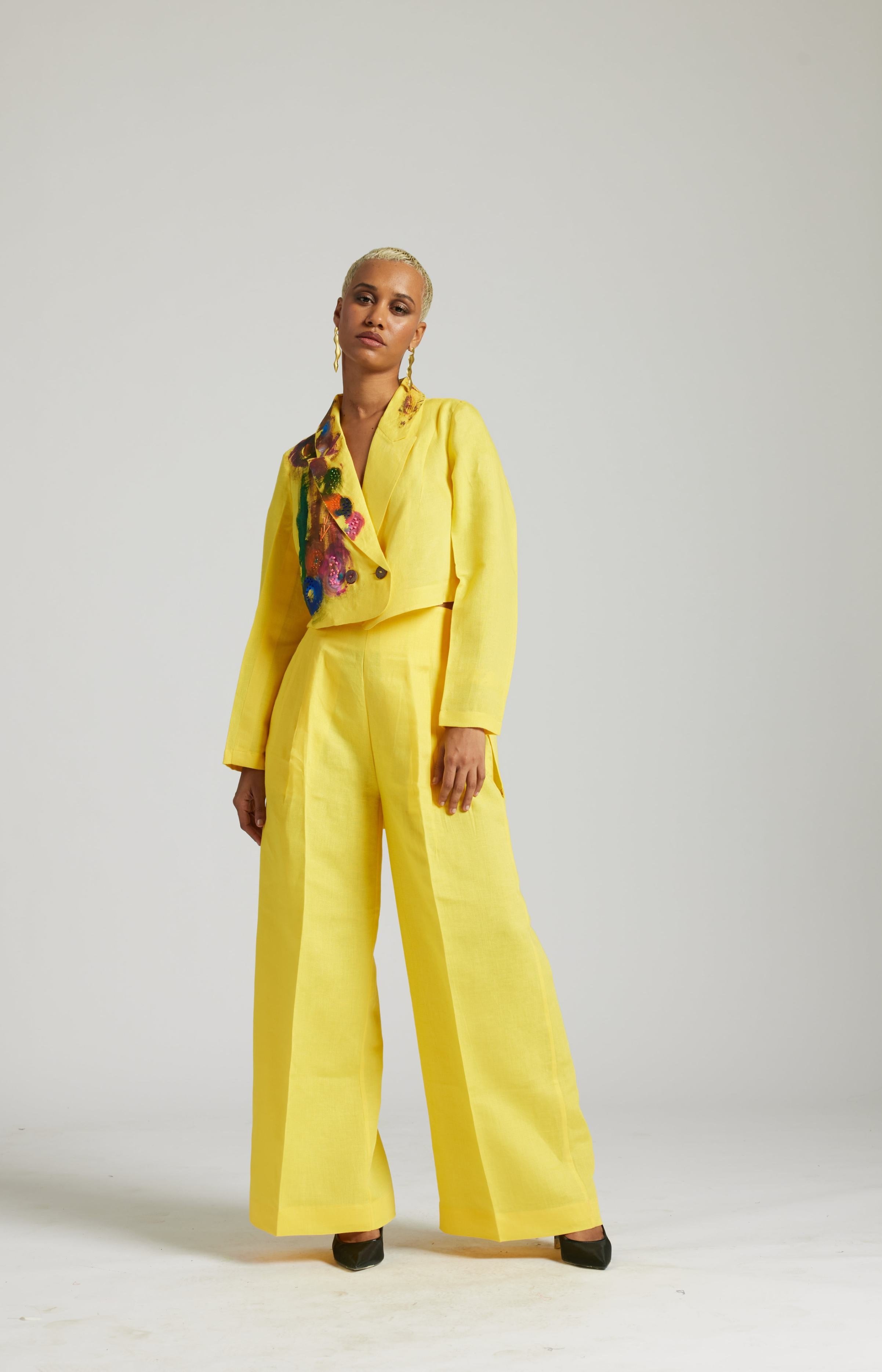 Yellow Hand Painted Linen Cropped blazer Co-ord