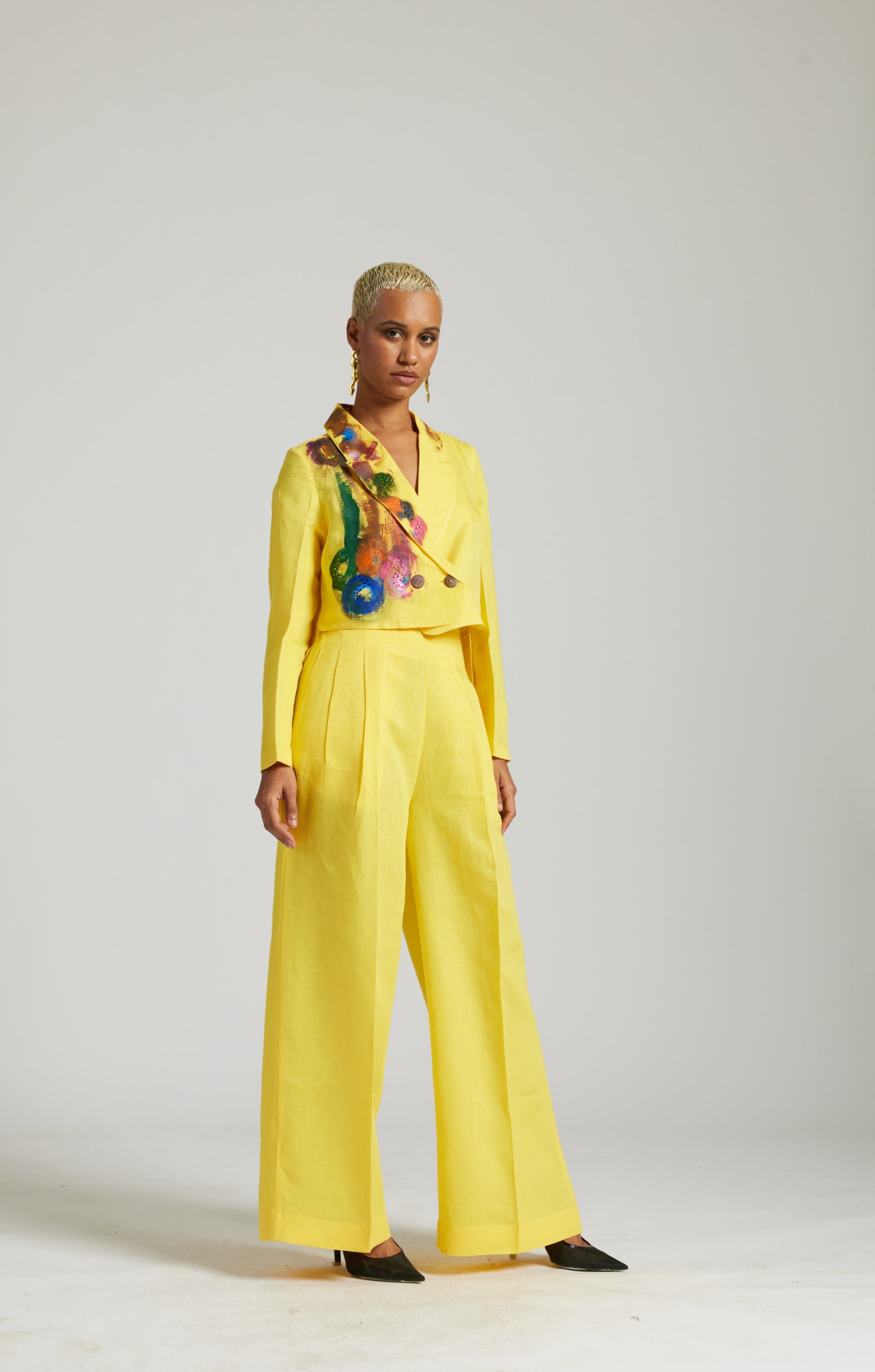 Yellow Hand Painted Linen Cropped blazer Co-ord